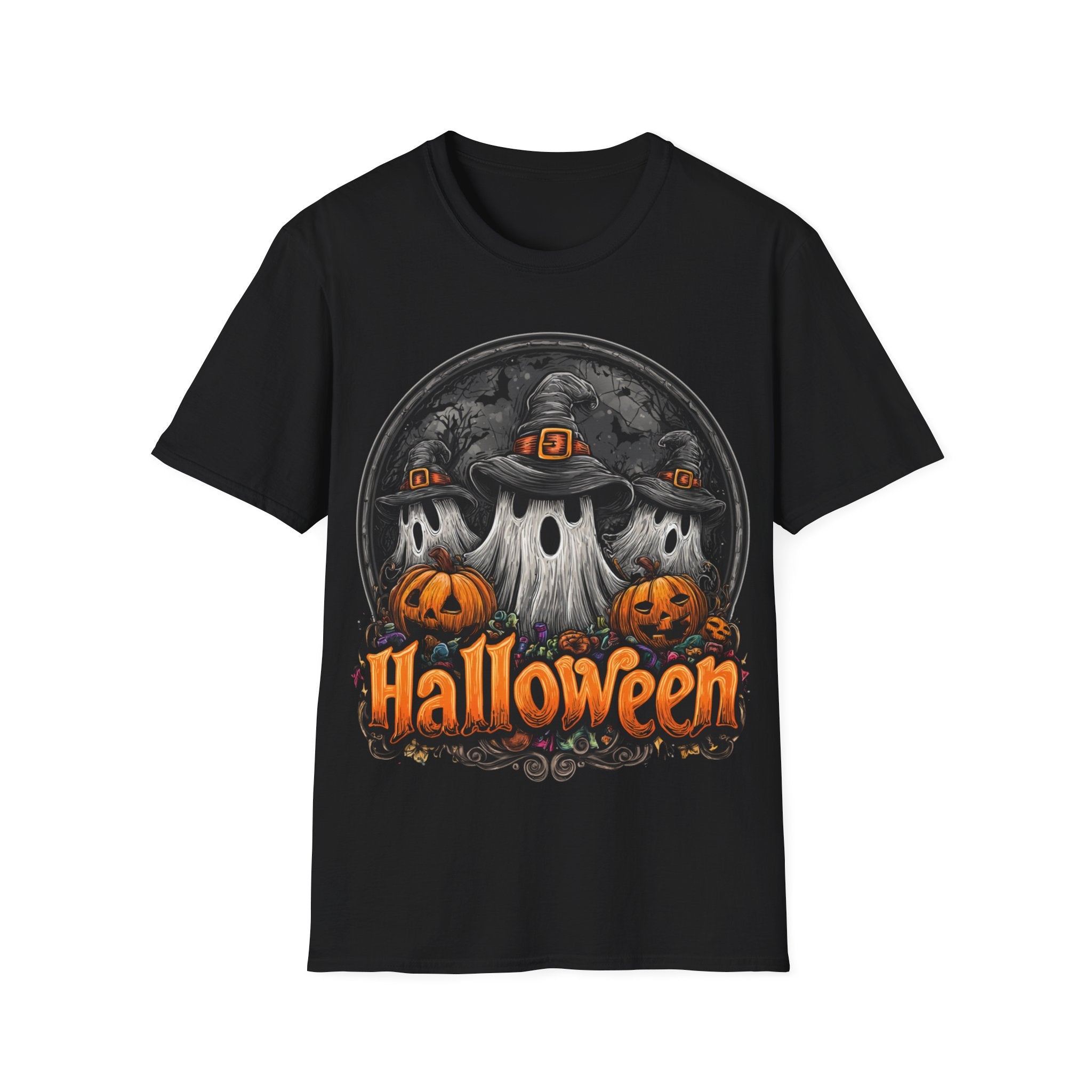 Halloween Ghost Trio T-Shirt – Spooky Pumpkin Graphic Tee | Witch Hat Halloween Shirt