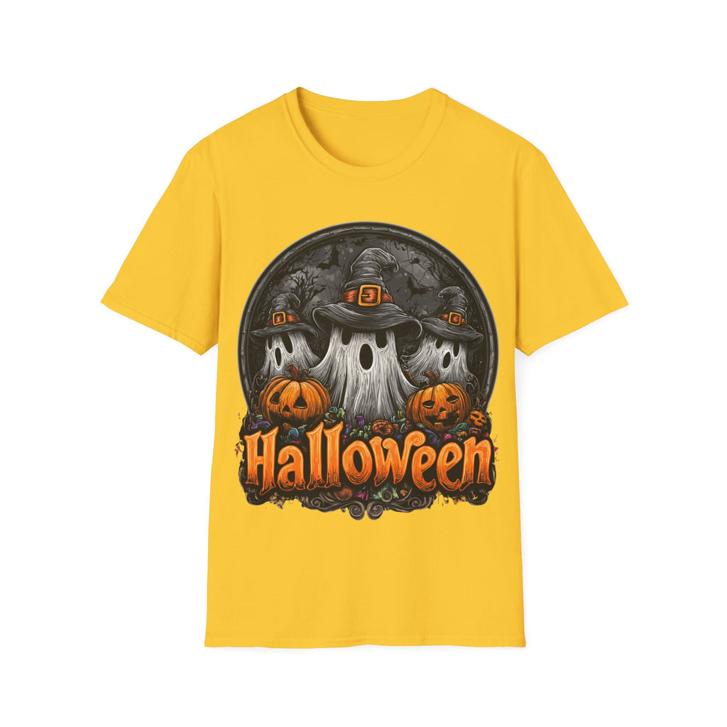 Halloween Ghost Trio T-Shirt – Spooky Pumpkin Graphic Tee | Witch Hat Halloween Shirt