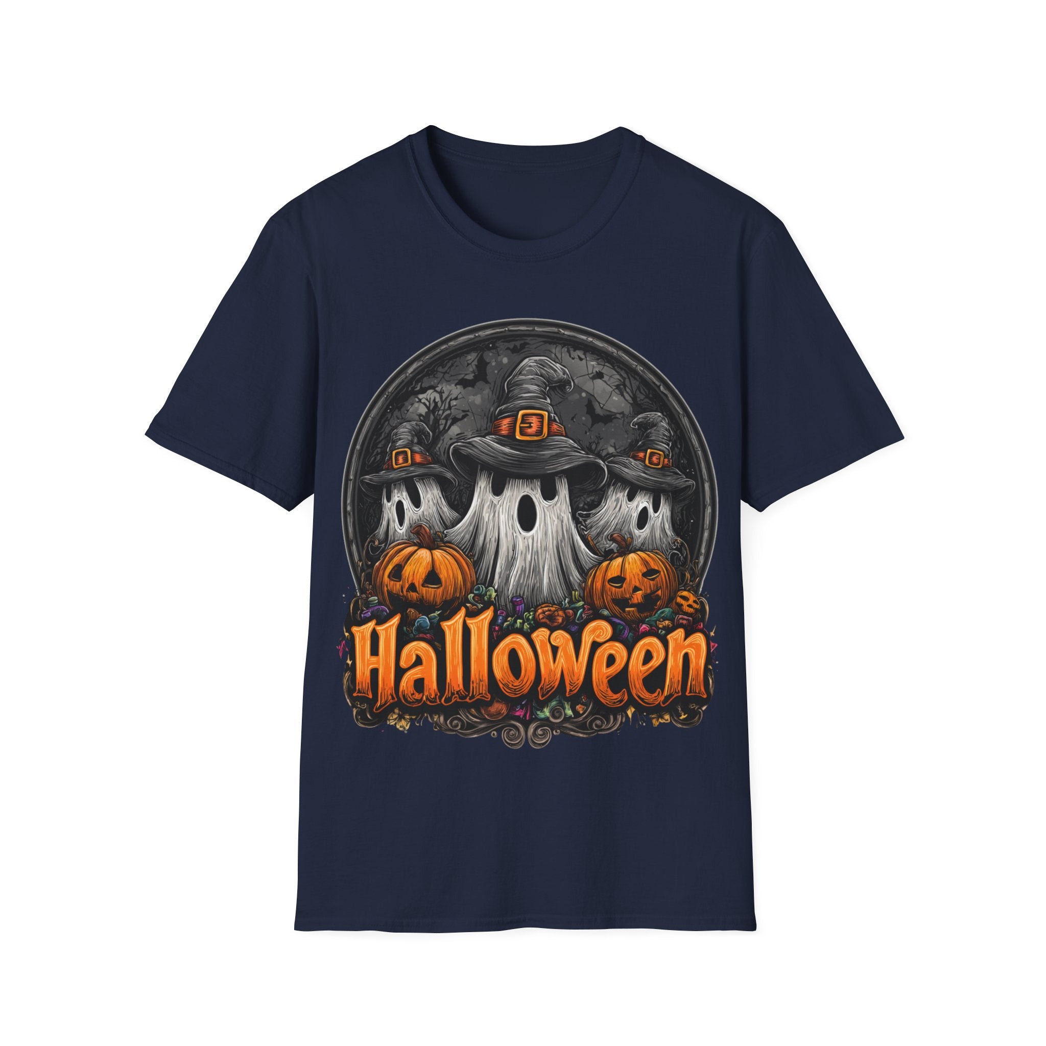 Halloween Ghost Trio T-Shirt – Spooky Pumpkin Graphic Tee | Witch Hat Halloween Shirt