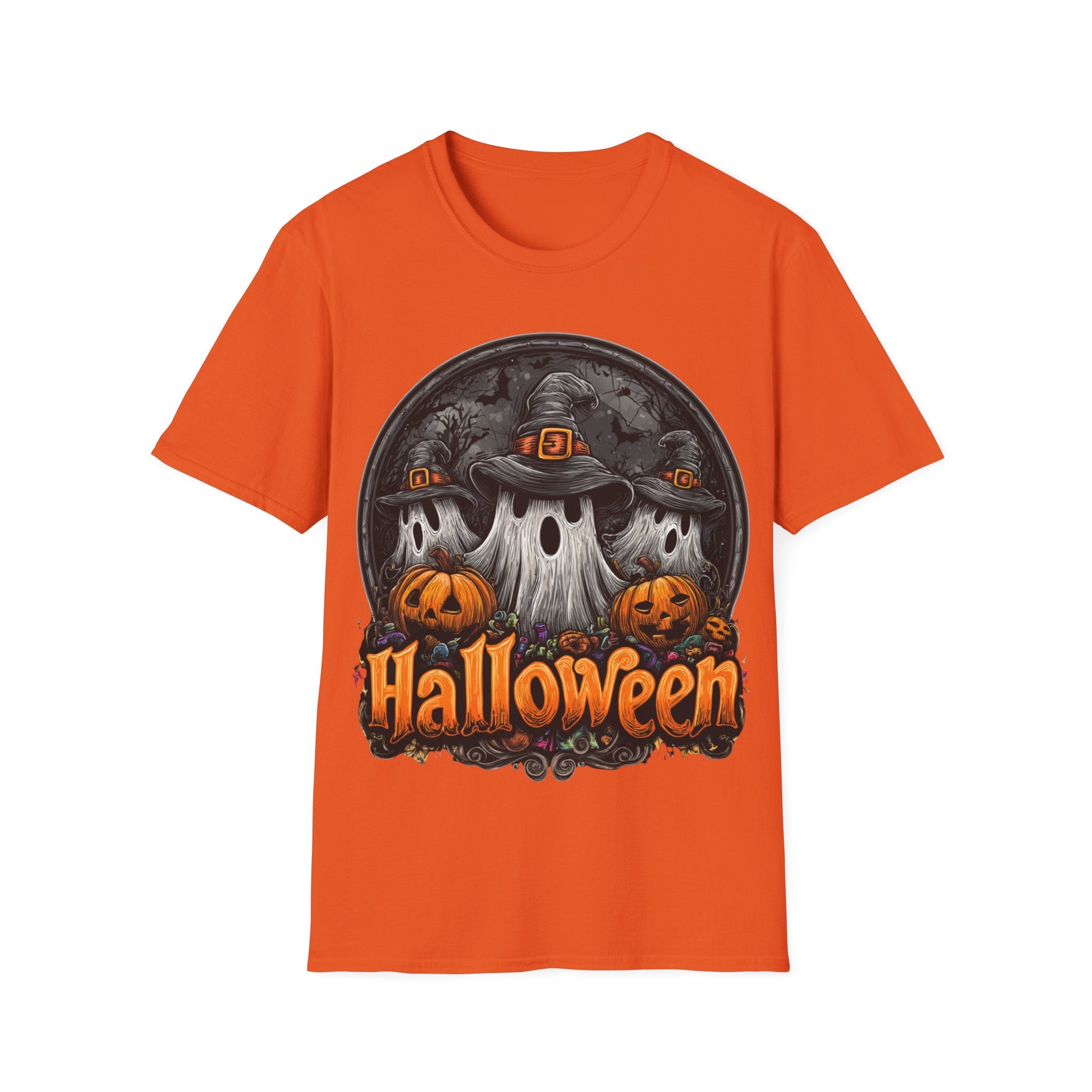 Halloween Ghost Trio T-Shirt – Spooky Pumpkin Graphic Tee | Witch Hat Halloween Shirt