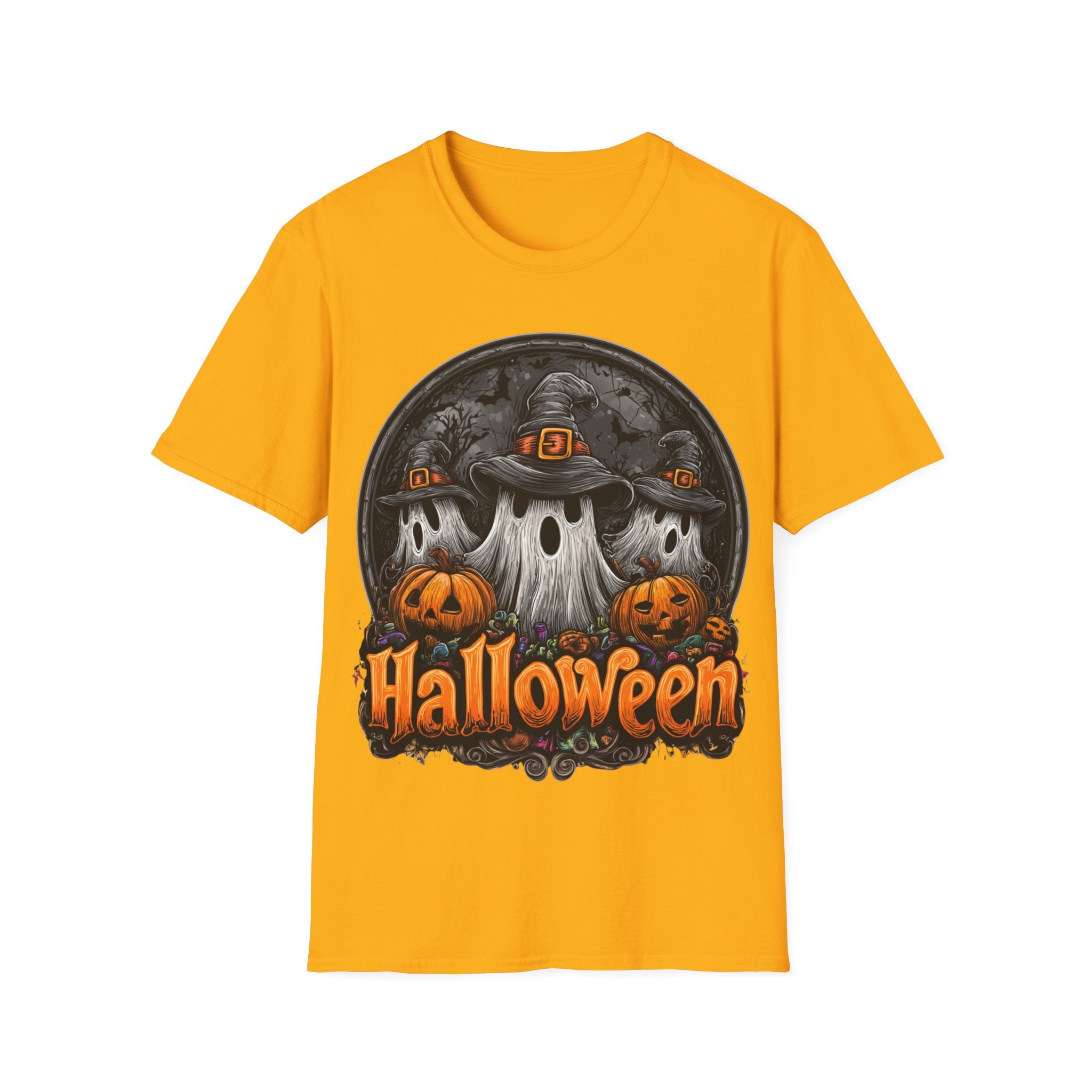 Halloween Ghost Trio T-Shirt – Spooky Pumpkin Graphic Tee | Witch Hat Halloween Shirt