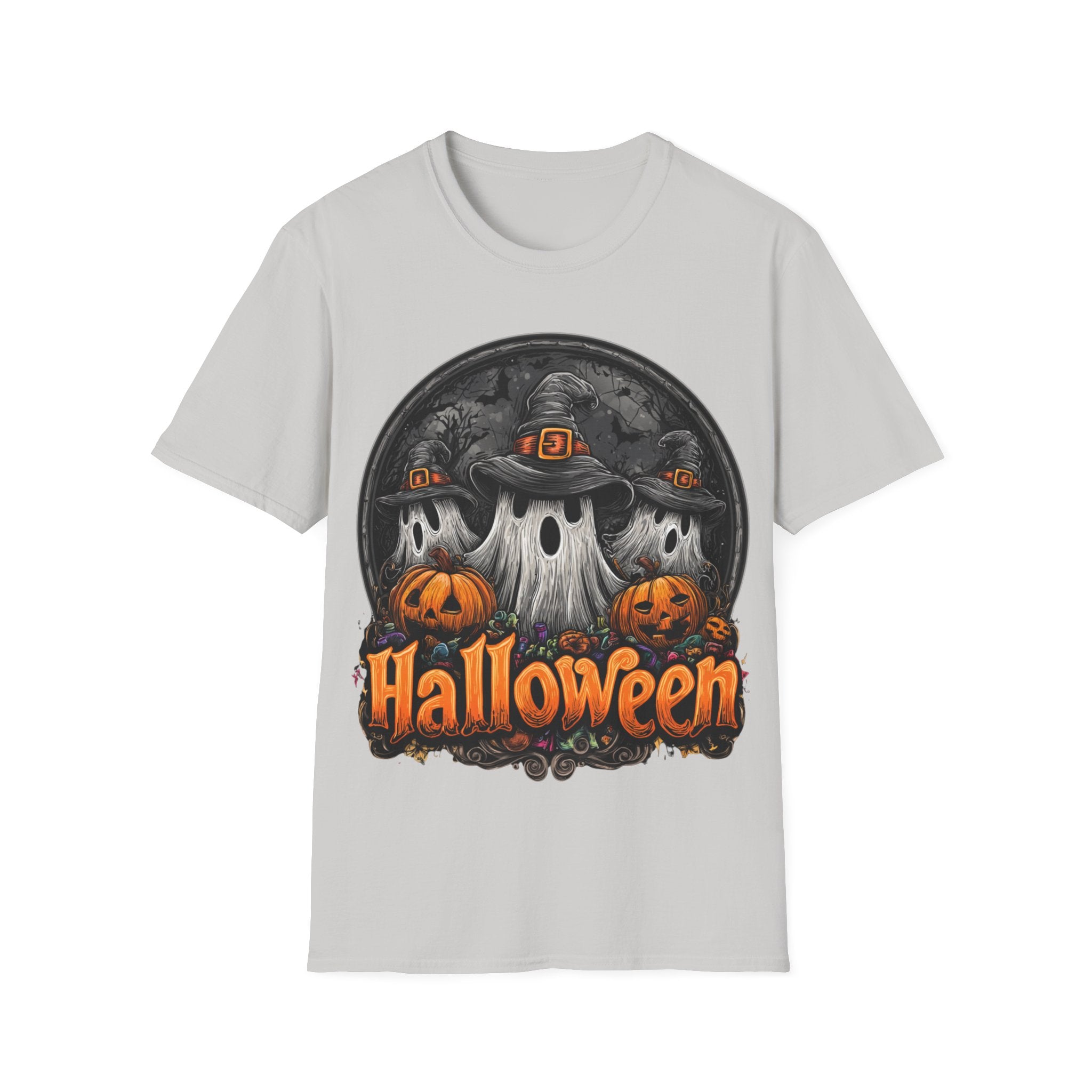 Halloween Ghost Trio T-Shirt – Spooky Pumpkin Graphic Tee | Witch Hat Halloween Shirt