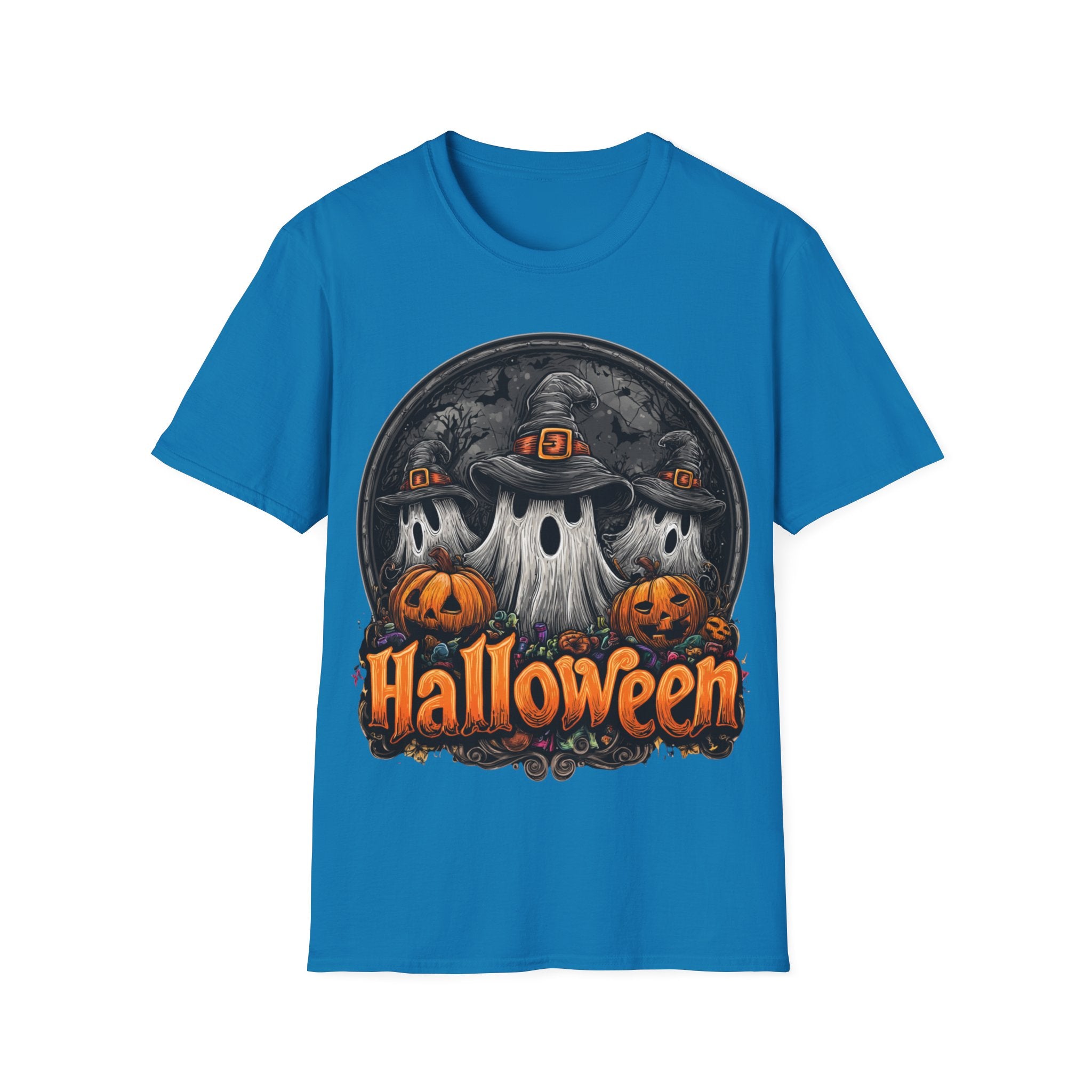 Halloween Ghost Trio T-Shirt – Spooky Pumpkin Graphic Tee | Witch Hat Halloween Shirt