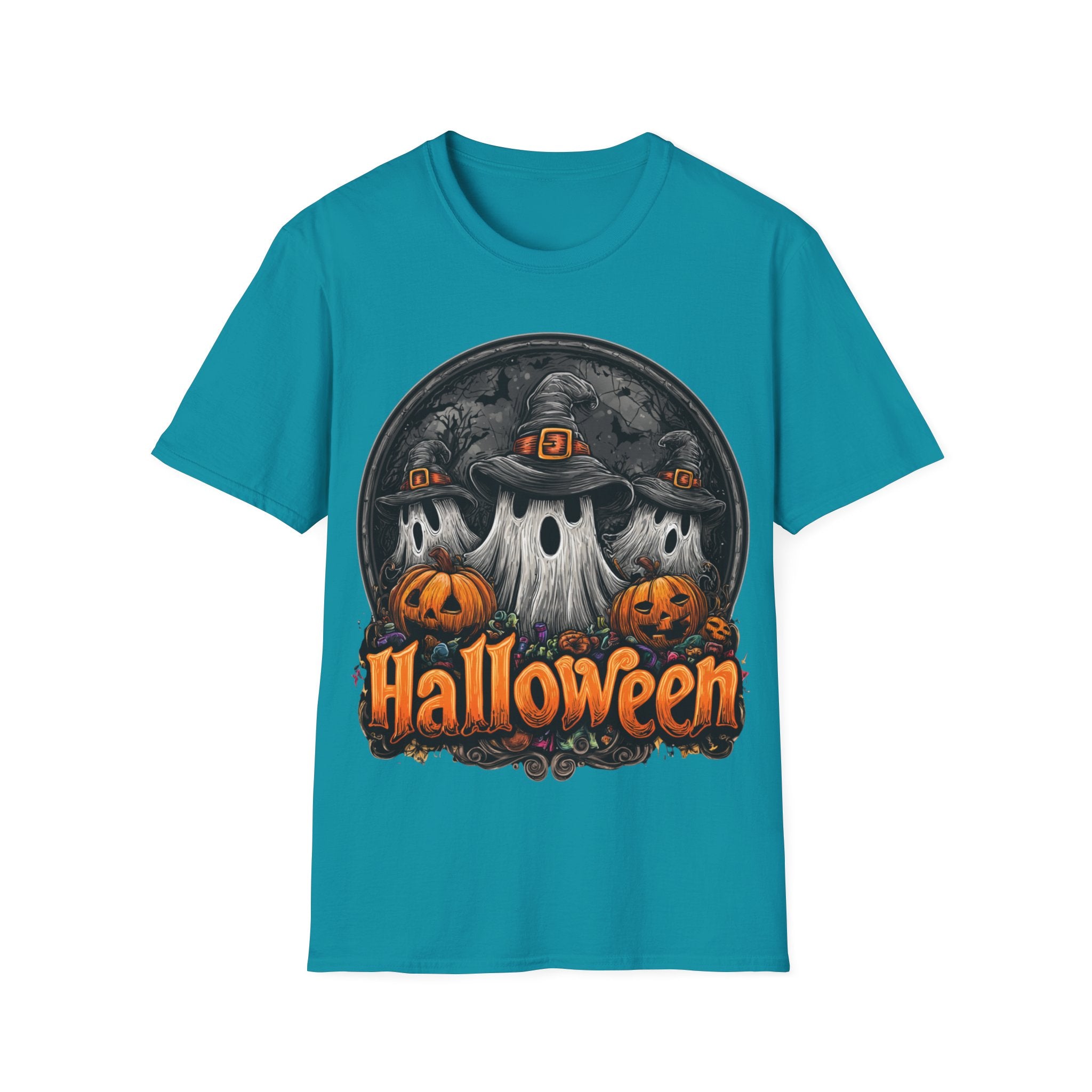 Halloween Ghost Trio T-Shirt – Spooky Pumpkin Graphic Tee | Witch Hat Halloween Shirt