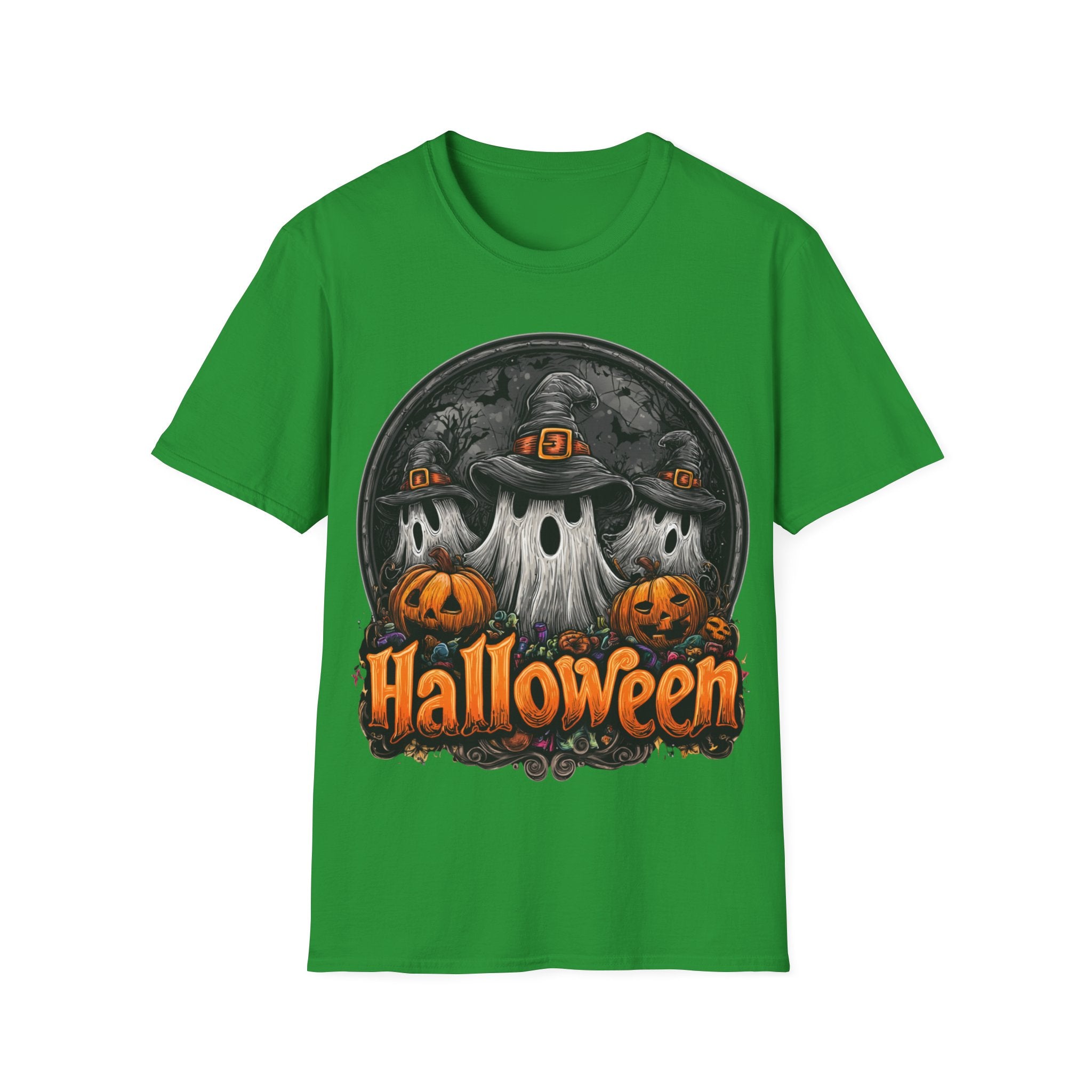 Halloween Ghost Trio T-Shirt – Spooky Pumpkin Graphic Tee | Witch Hat Halloween Shirt