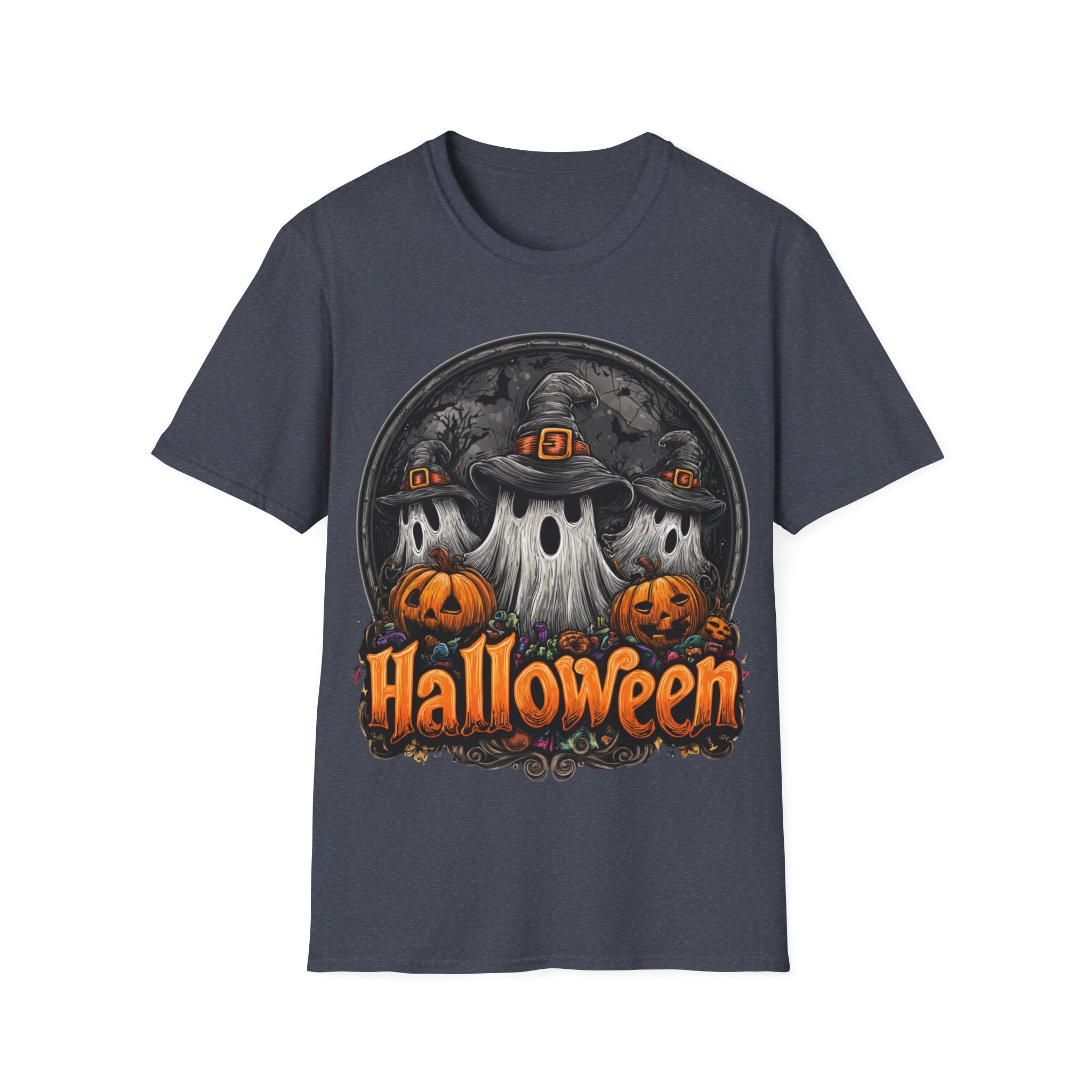 Halloween Ghost Trio T-Shirt – Spooky Pumpkin Graphic Tee | Witch Hat Halloween Shirt