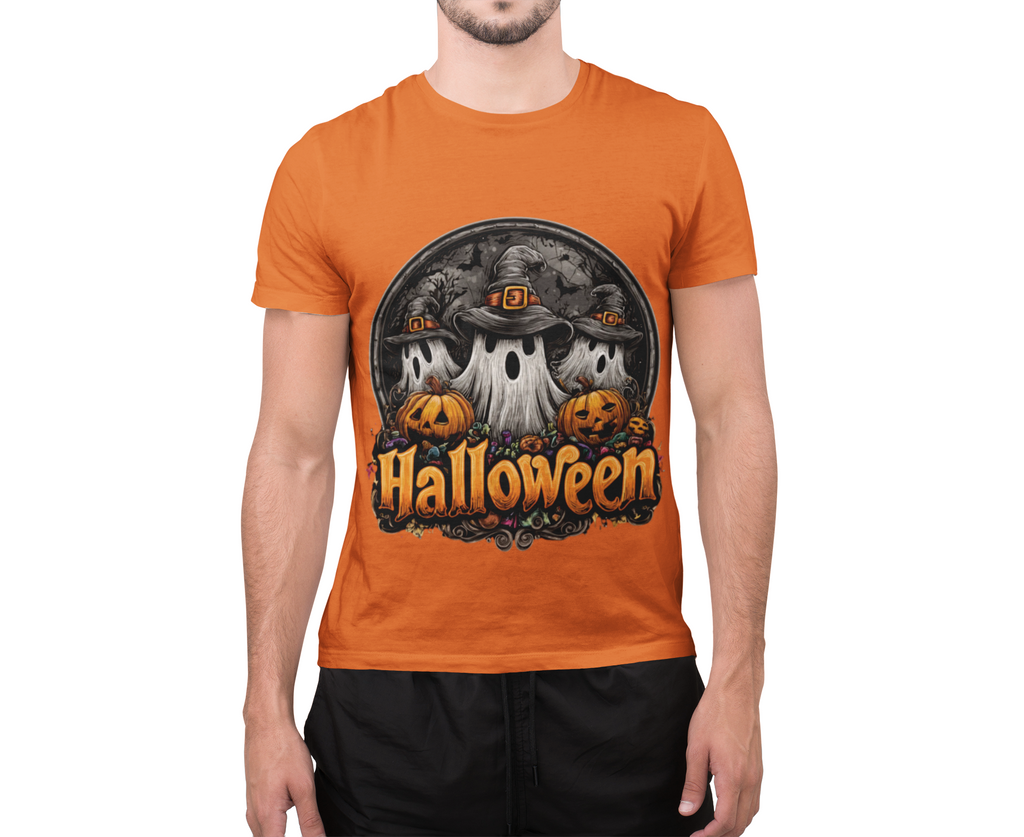 Halloween Ghost Trio T-Shirt – Spooky Pumpkin Graphic Tee | Witch Hat Halloween Shirt