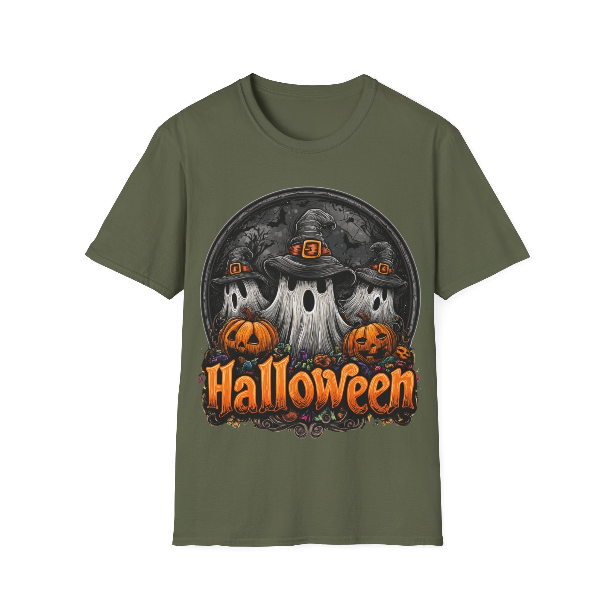Halloween Ghost Trio T-Shirt – Spooky Pumpkin Graphic Tee | Witch Hat Halloween Shirt