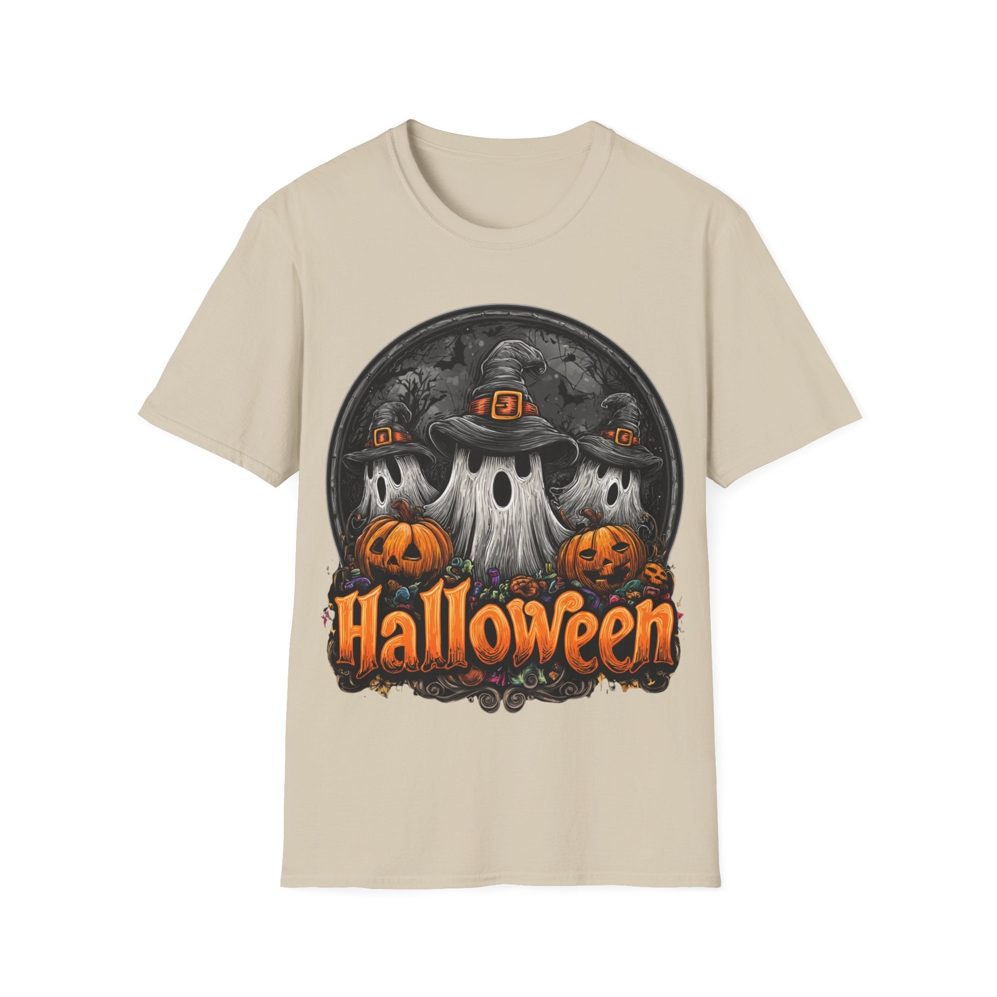 Halloween Ghost Trio T-Shirt – Spooky Pumpkin Graphic Tee | Witch Hat Halloween Shirt