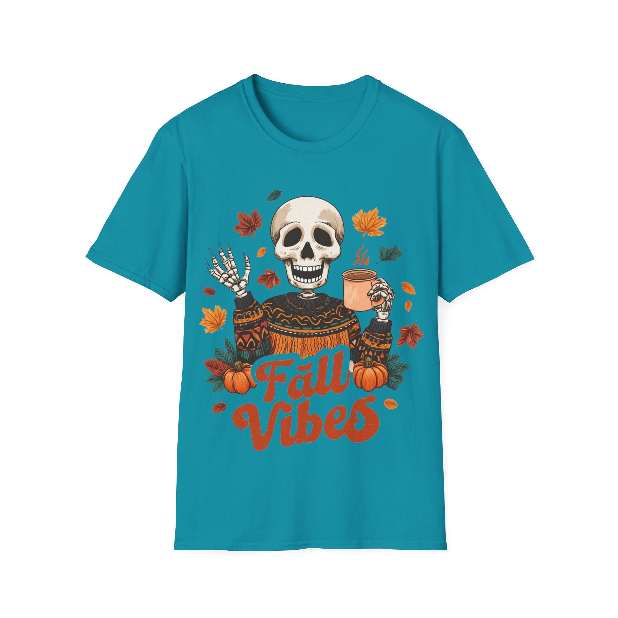 Fall Vibes Skeleton Sweatshirt Art | Cozy Autumn Coffee Skeleton Print | Halloween Fall Decor