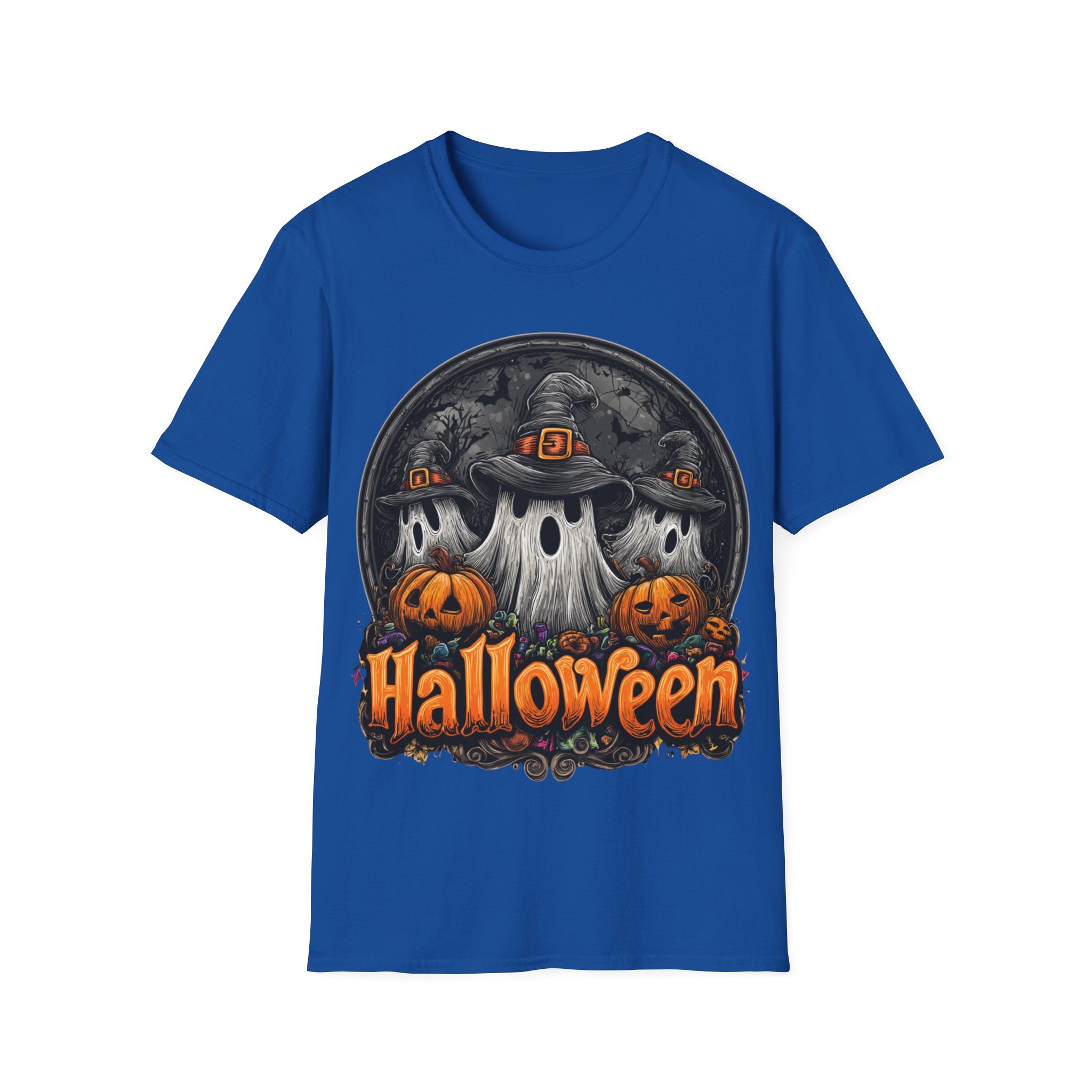 Halloween Ghost Trio T-Shirt – Spooky Pumpkin Graphic Tee | Witch Hat Halloween Shirt