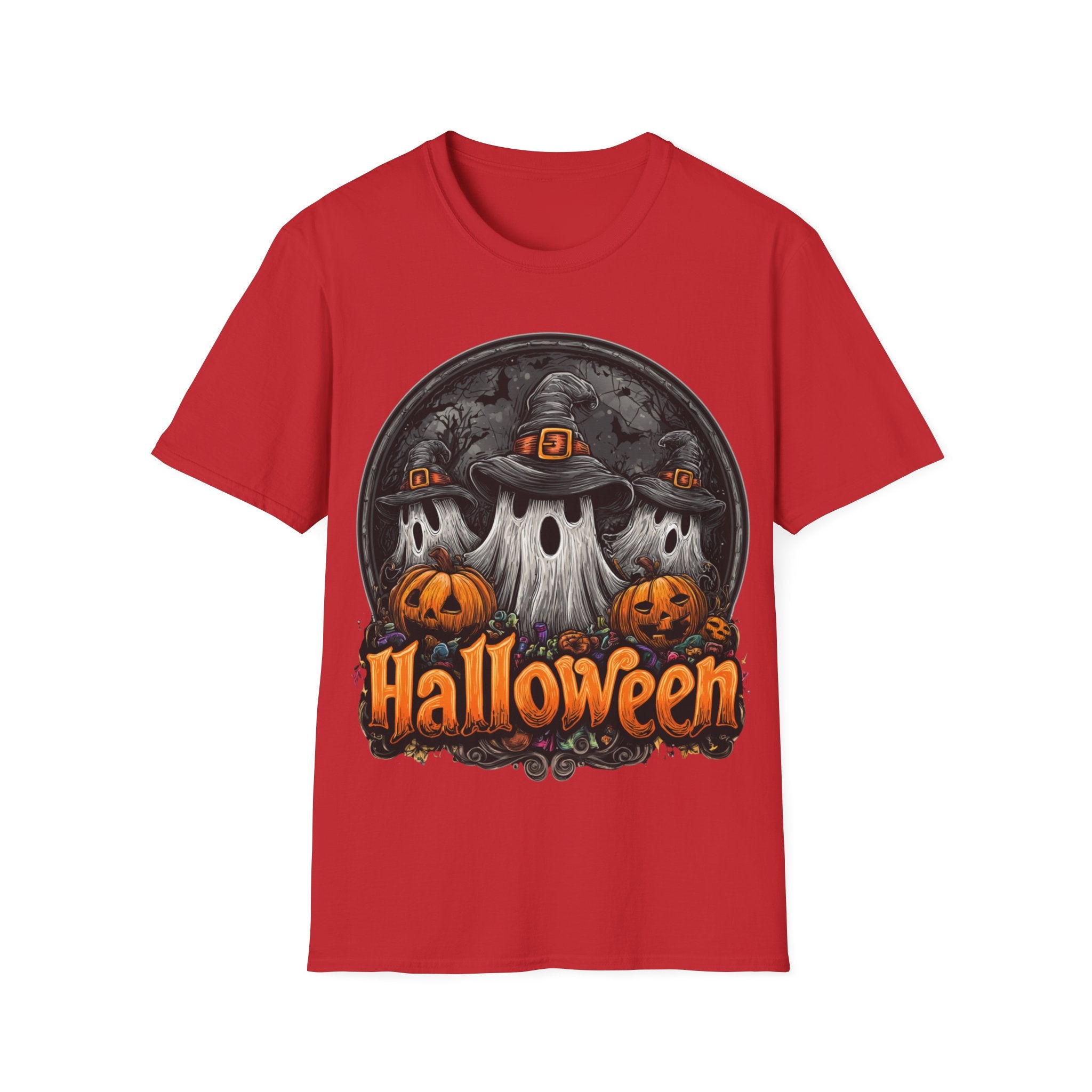 Halloween Ghost Trio T-Shirt – Spooky Pumpkin Graphic Tee | Witch Hat Halloween Shirt