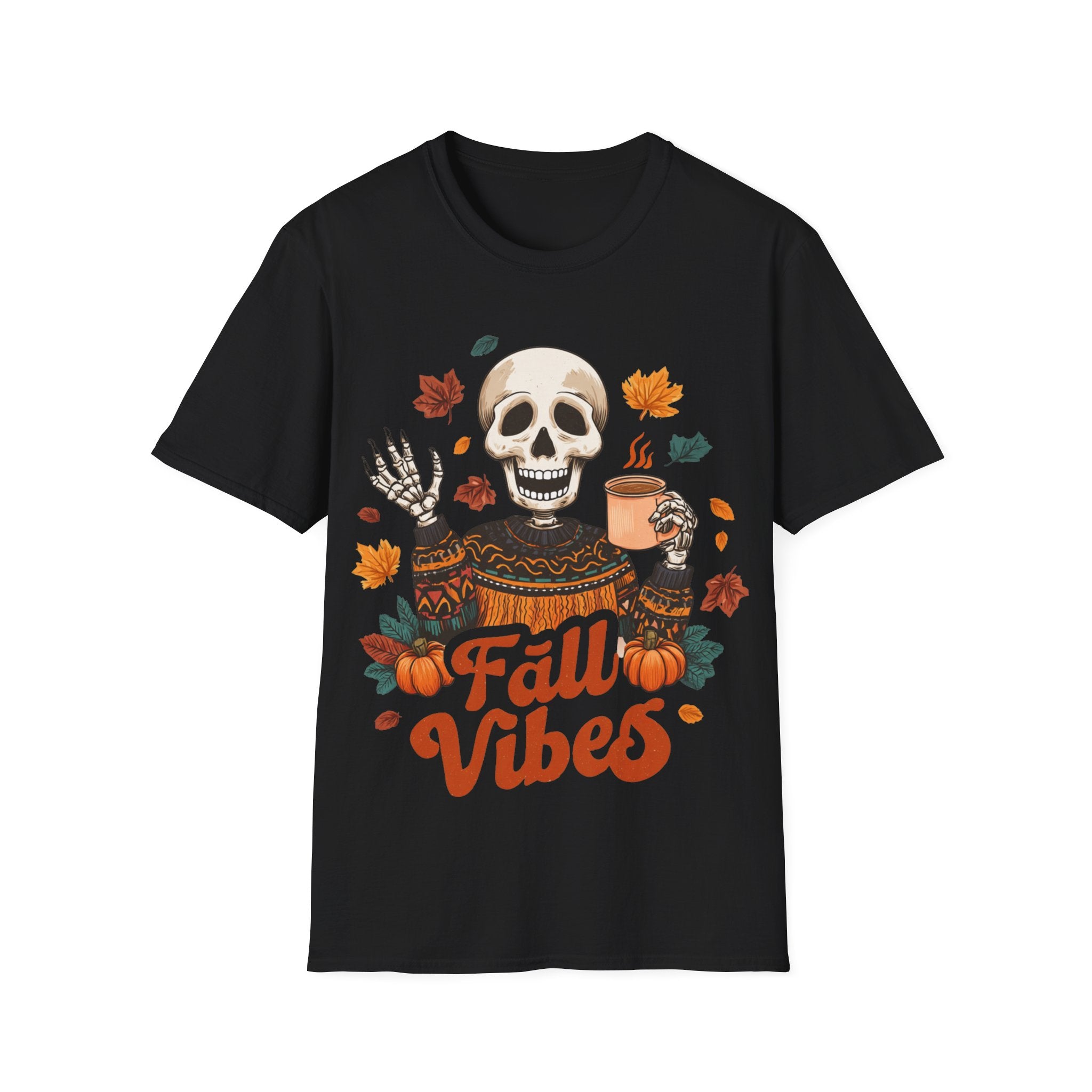 Fall Vibes Skeleton Sweatshirt Art | Cozy Autumn Coffee Skeleton Print | Halloween Fall Decor