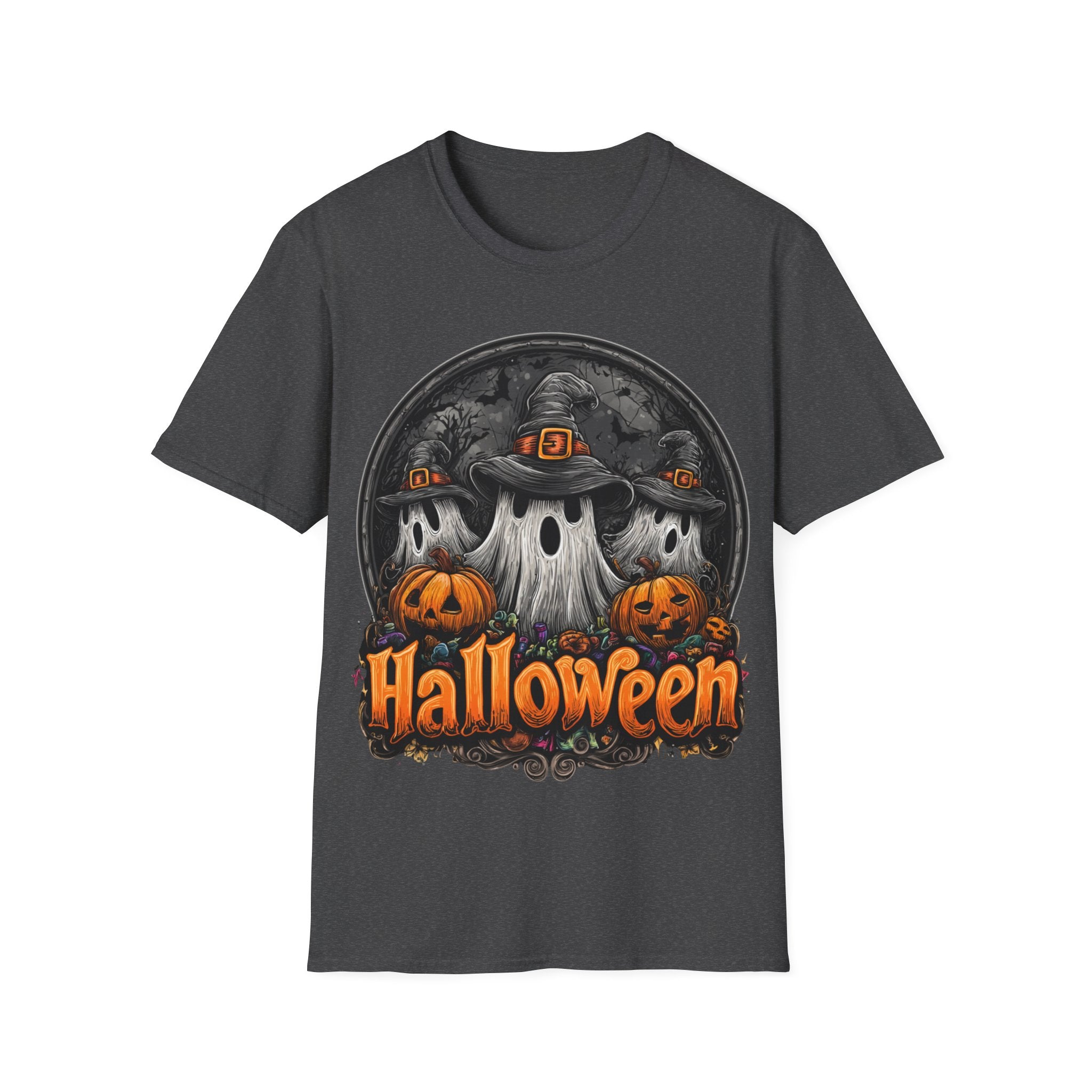 Halloween Ghost Trio T-Shirt – Spooky Pumpkin Graphic Tee | Witch Hat Halloween Shirt