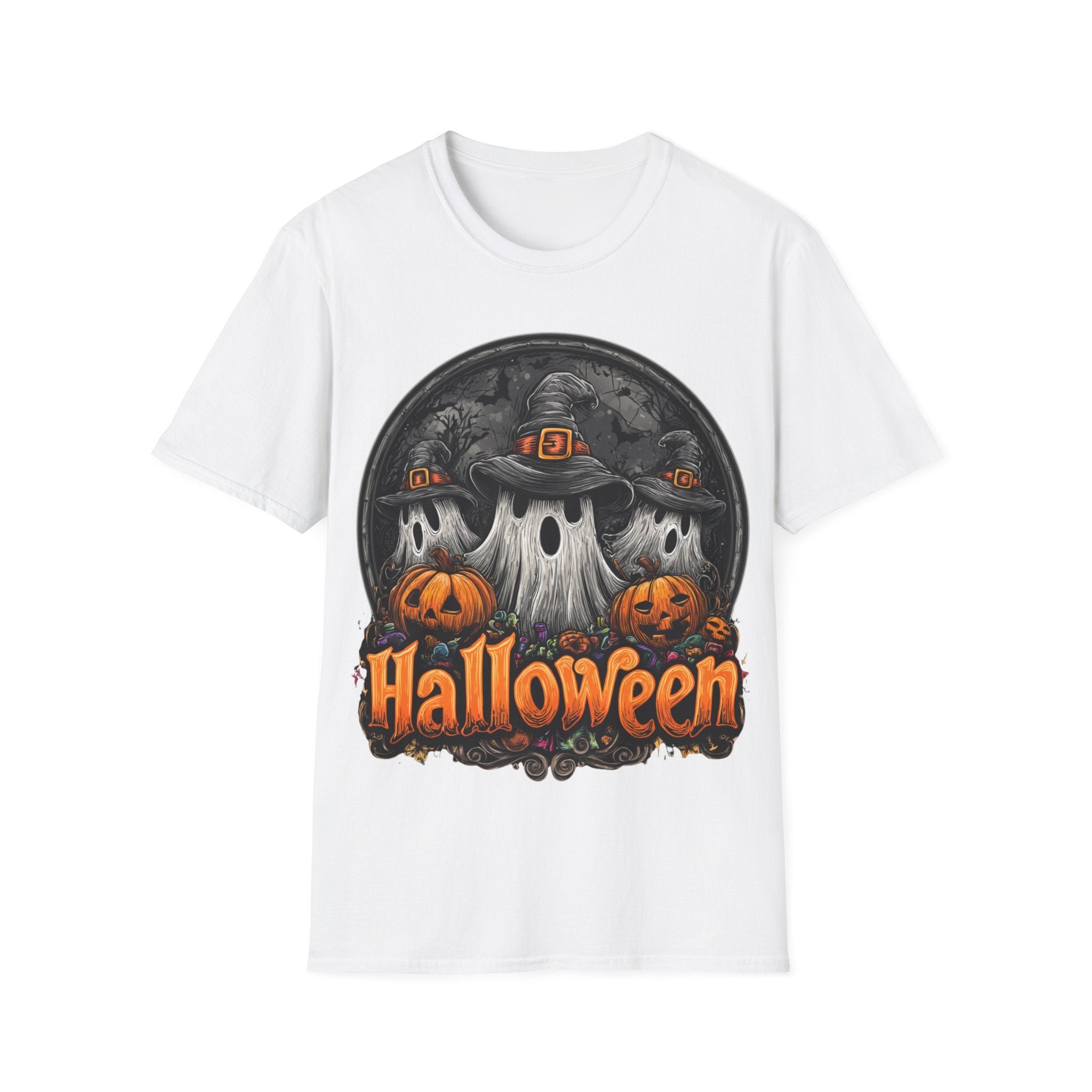 Halloween Ghost Trio T-Shirt – Spooky Pumpkin Graphic Tee | Witch Hat Halloween Shirt