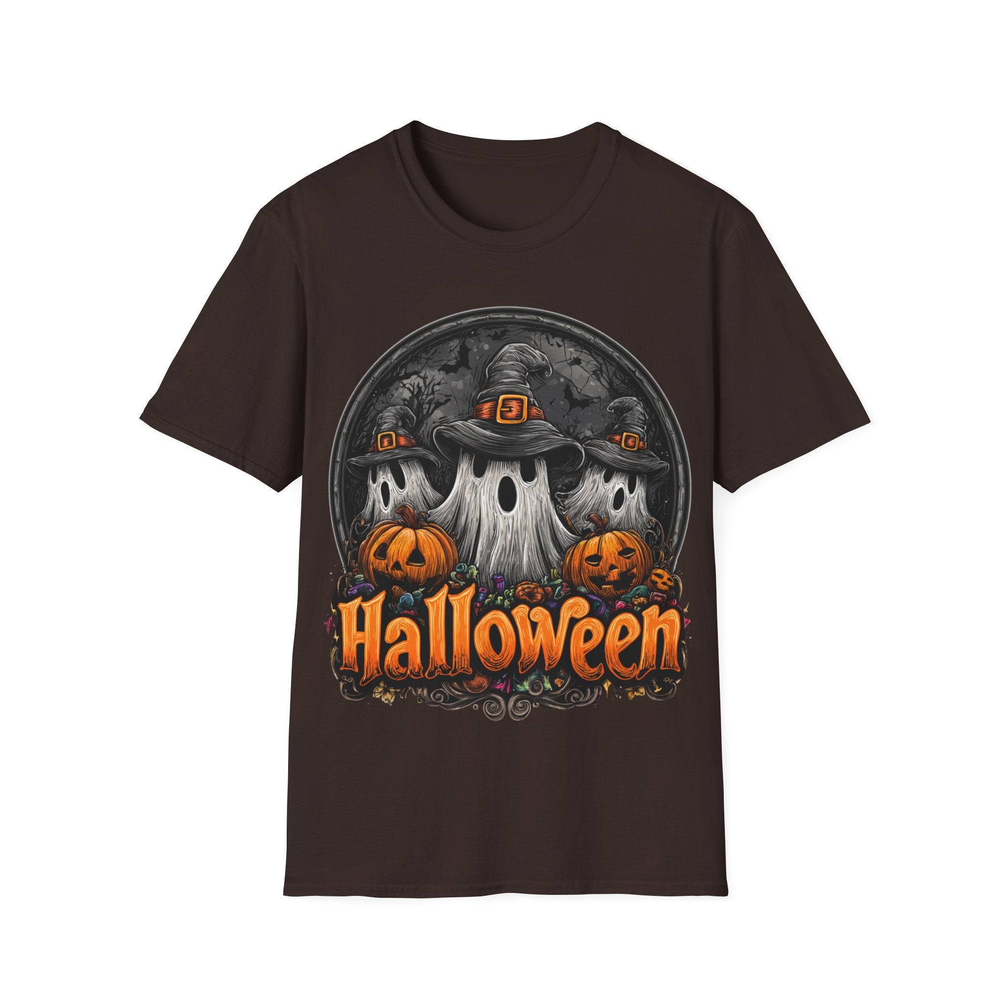 Halloween Ghost Trio T-Shirt – Spooky Pumpkin Graphic Tee | Witch Hat Halloween Shirt