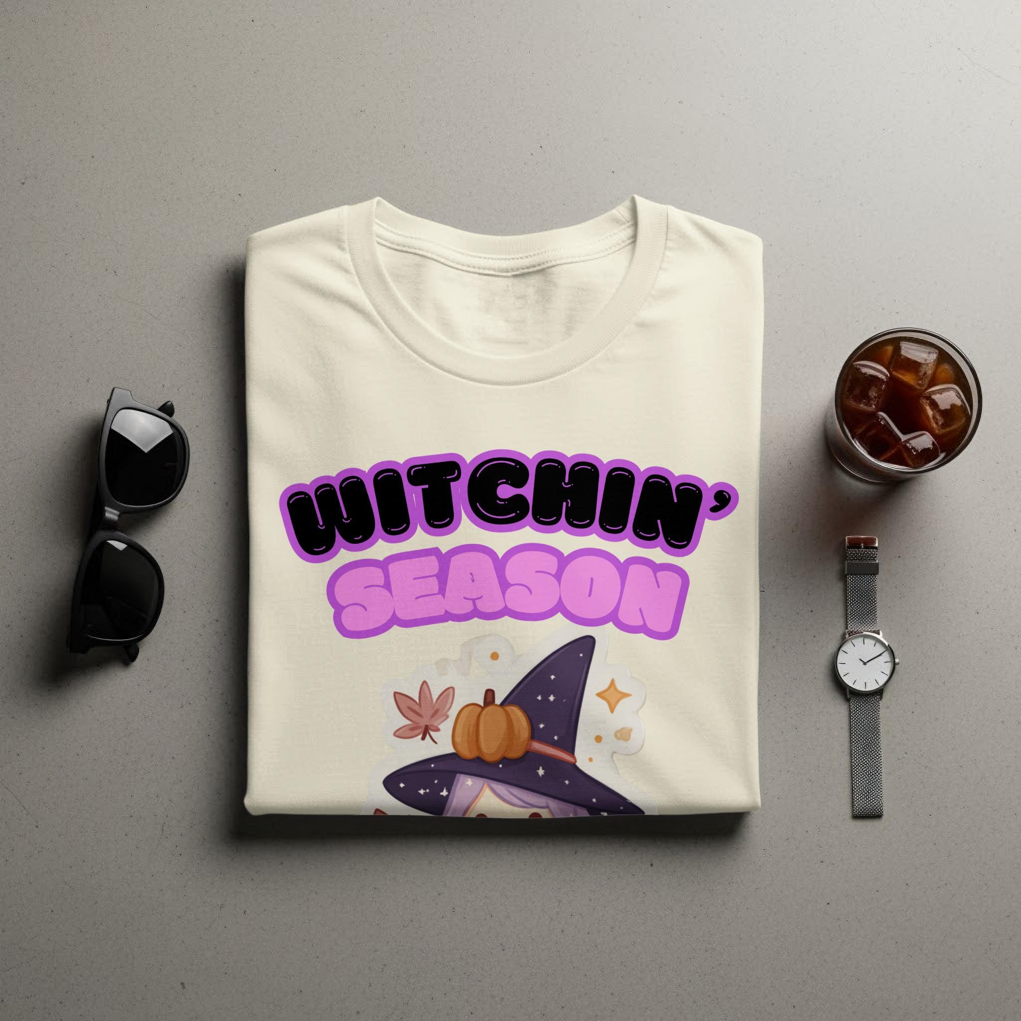 Witchin&#39; Season Graphic Tee, Halloween Witch Shirt, Spooky Season Apparel, Cute Witch Hat T-Shirt, Fall Fun Top for Halloween