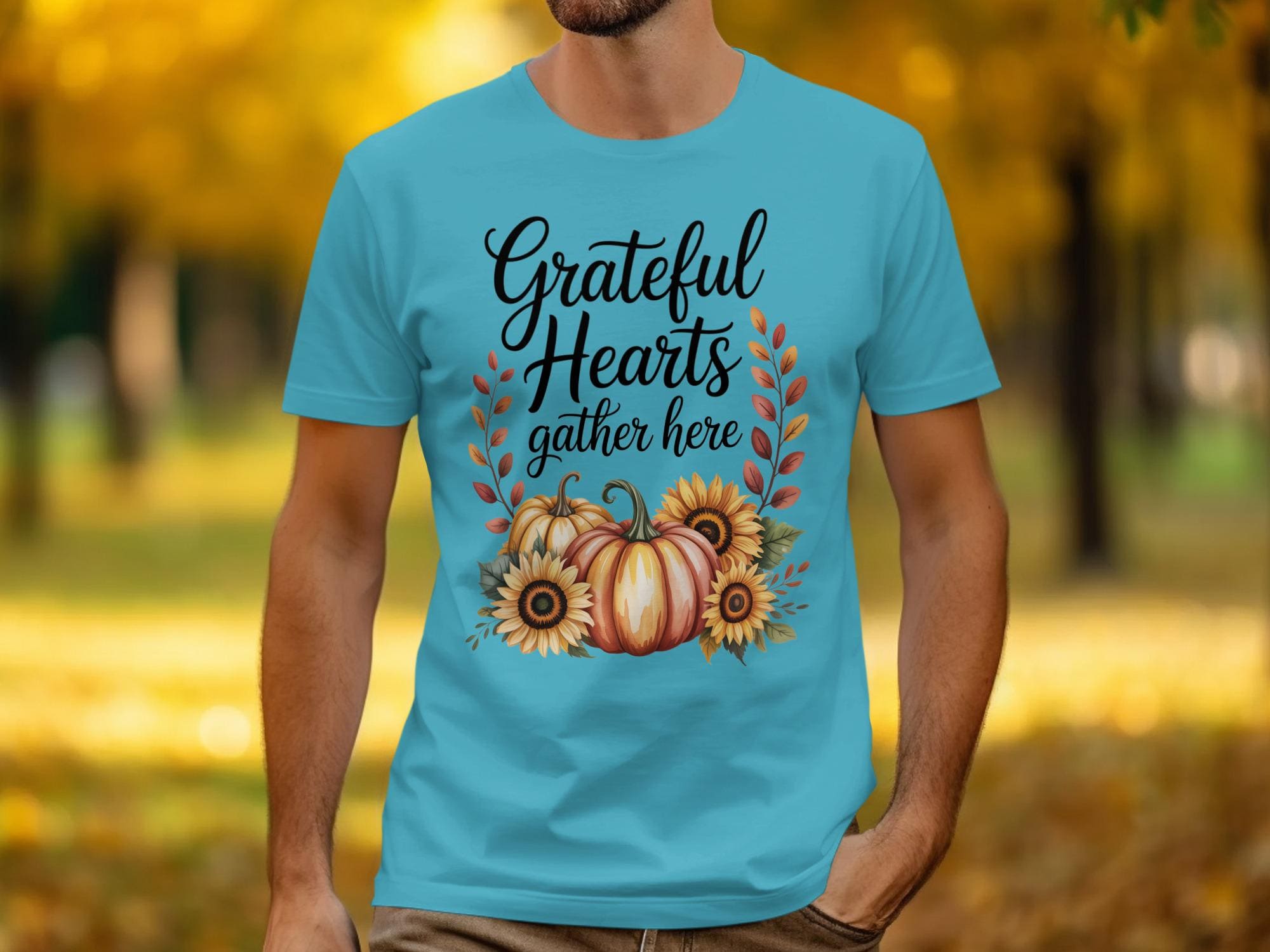 Grateful Hearts Gather Here Shirt, Fall Pumpkin Sunflower T-shirt, Autumn Harvest Graphic Tee, Thanksgiving Apparel, Seasonal Shirt