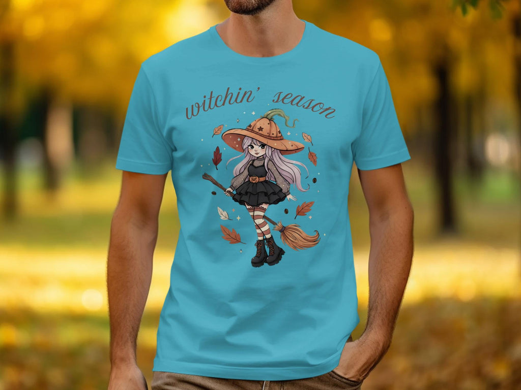 Witchin&#39; season t-shirt, Cartoon witch graphic tee, Halloween fall autumn shirt, Cute witch illustration, Casual autumn wear