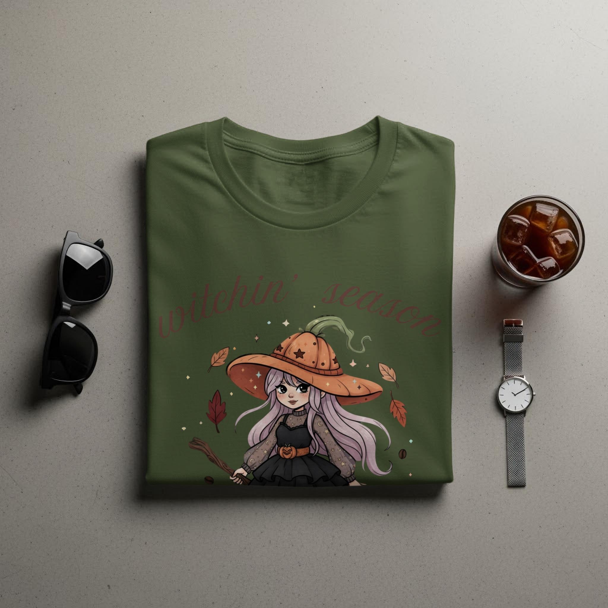 Witchin&#39; Season Shirt, Women&#39;s Halloween Tee, Cute Witch Graphic T-Shirt, Autumn Witch Top, Fall Season Apparel, Spooky Season Shirt,