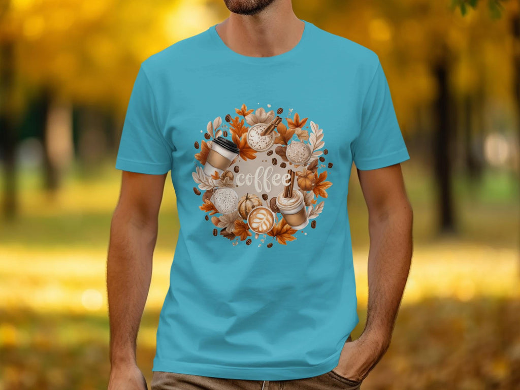 Coffee Lovers T Shirt, Autumn Coffee Shirt, Coffee Cup Design Tee, Fall Themed Graphic Tee, Casual Coffee Lover Gift