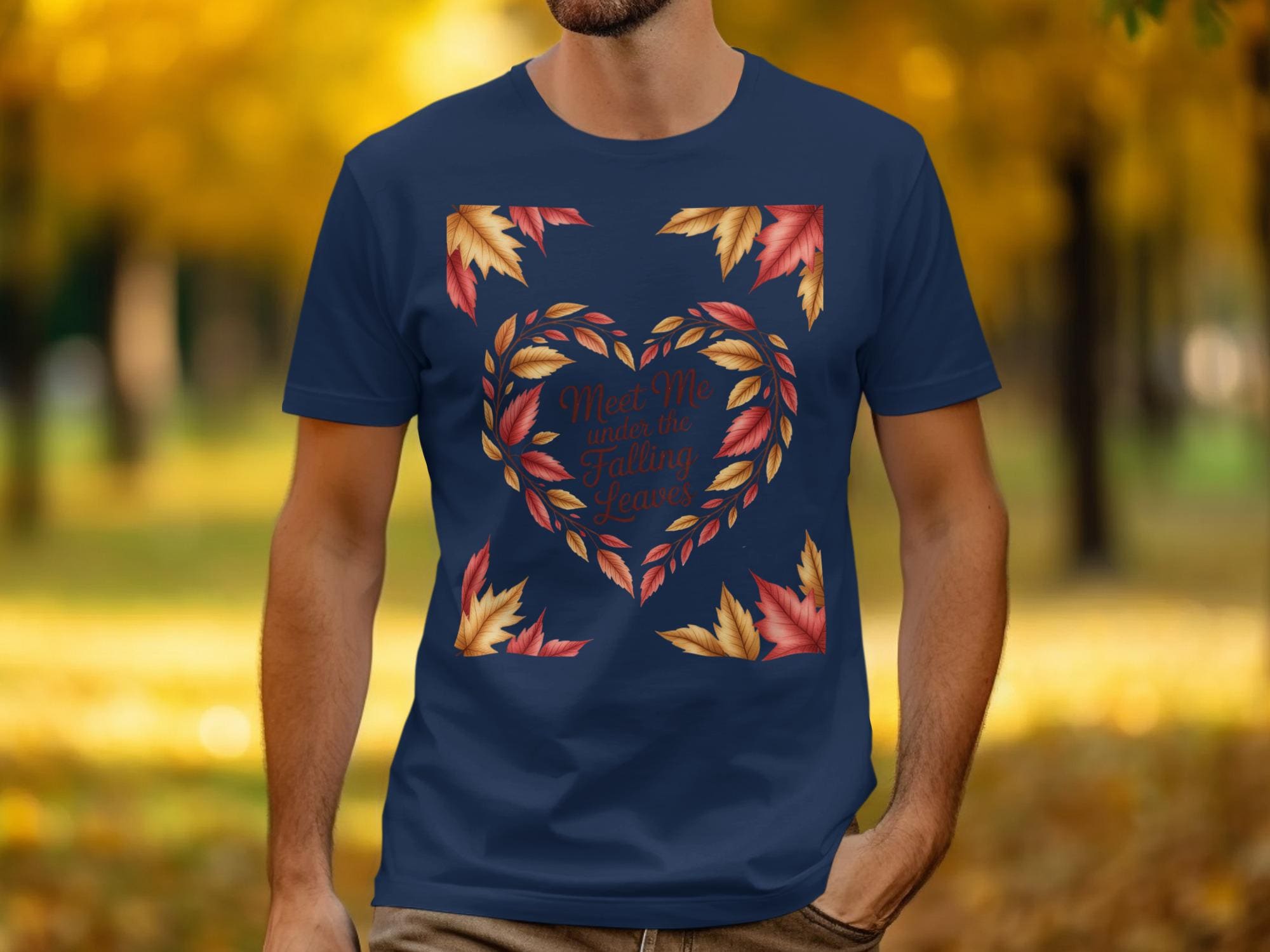 Fall Leaves T-Shirt, Autumn Heart Graphic Tee, Meet Me Under the Falling Leaves Shirt, Seasonal Leaf Print Top for Fall Lovers