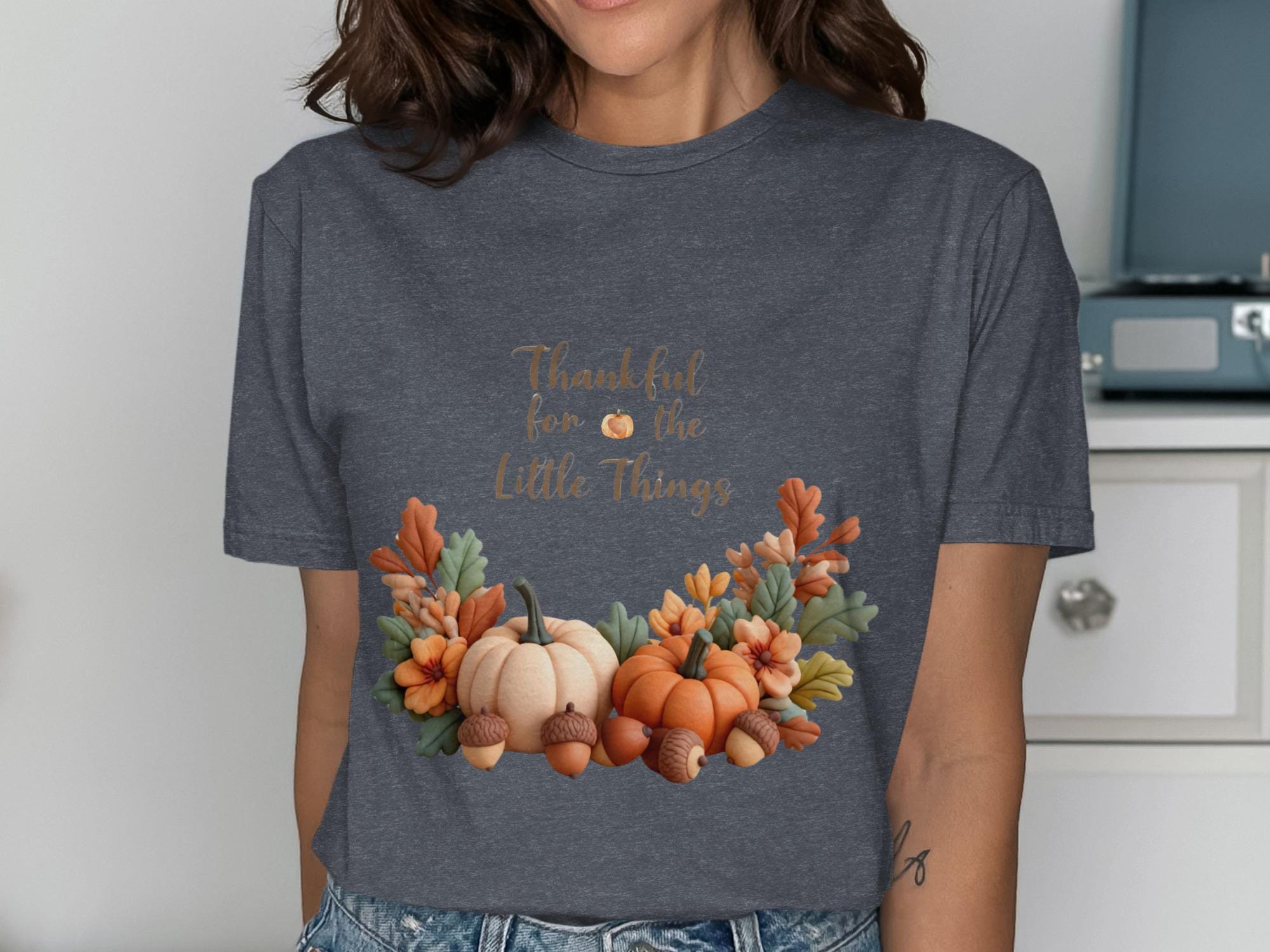 Thankful for the Little Things, Fall Pumpkins and Acorns Graphic Shirt, Autumn Season Tee, Perfect Thanksgiving Shirt Gift