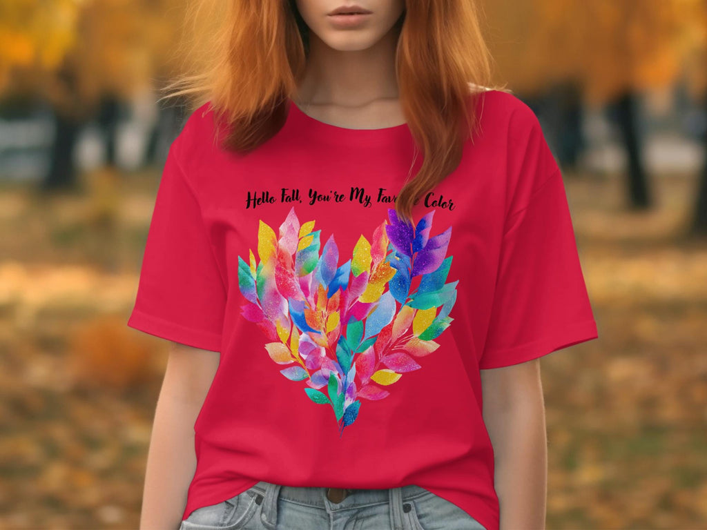 Hello Fall Shirt, Fall Leaves Print Tee, Colorful Autumn Top, Women&#39;s Fall Fashion, Cute Fall Graphic T-Shirt, Autumn Casual Wear