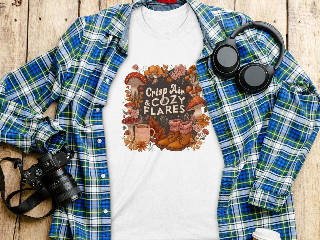 Crisp Air Cozy Flares Fall Shirt, Cute Autumn Tee for Women, Seasonal Graphic T Shirt, Perfect Gift for Her, Unique Autumn Apparel