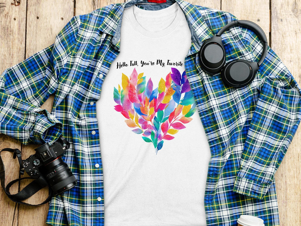 Colorful Feather Heart T-Shirt, Fall Fashion Shirt, Hello Fall You&#39;re My Favorite Shirt, Autumn Graphic Tee, Cozy Fall Outfit
