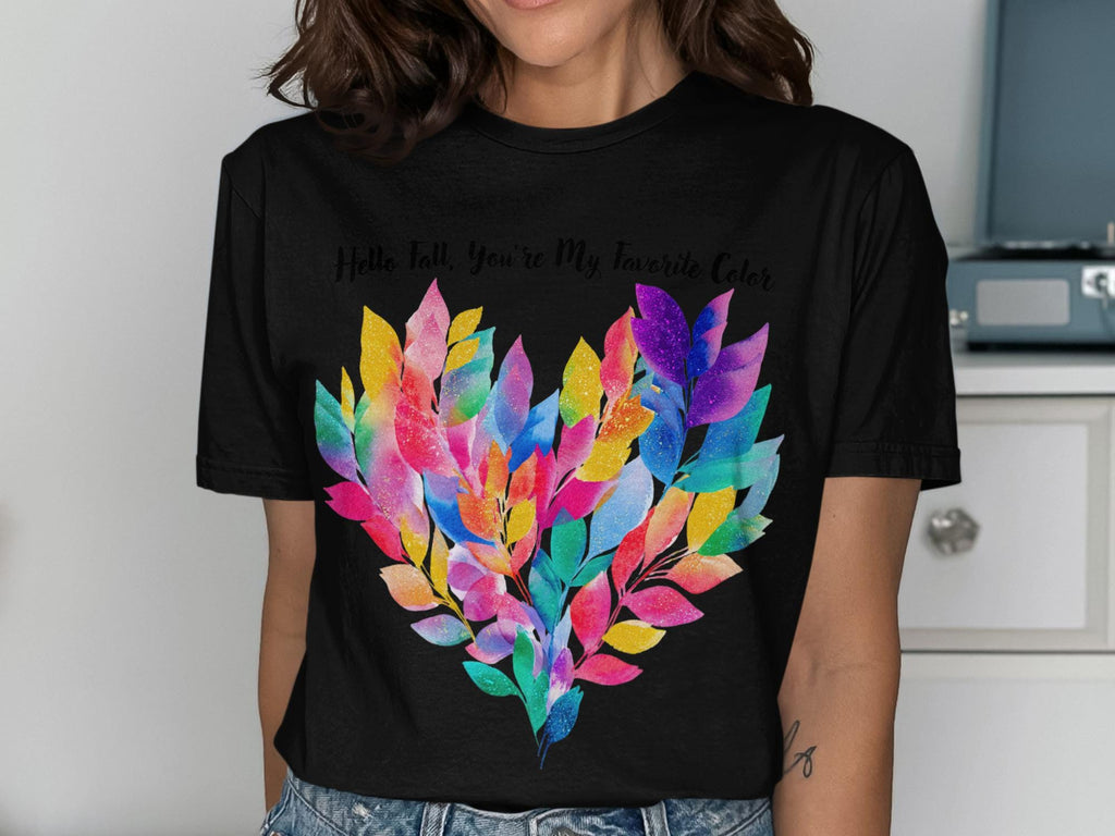 Colorful Fall Leaf Heart T-Shirt, Autumn Graphic Tee, Seasonal Fashion Top, Casual Outfit, Women&#39;s Fall Apparel, Trendy Shirt