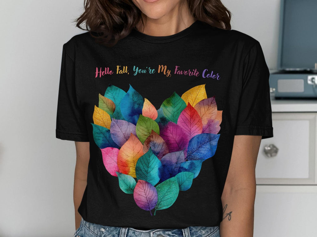 Fall Graphic Tee, Colorful Leaf Heart Shirt, Autumn Casual Top, Hello Fall Youre My Favorite Color T-Shirt, Seasonal Fashion Clothing