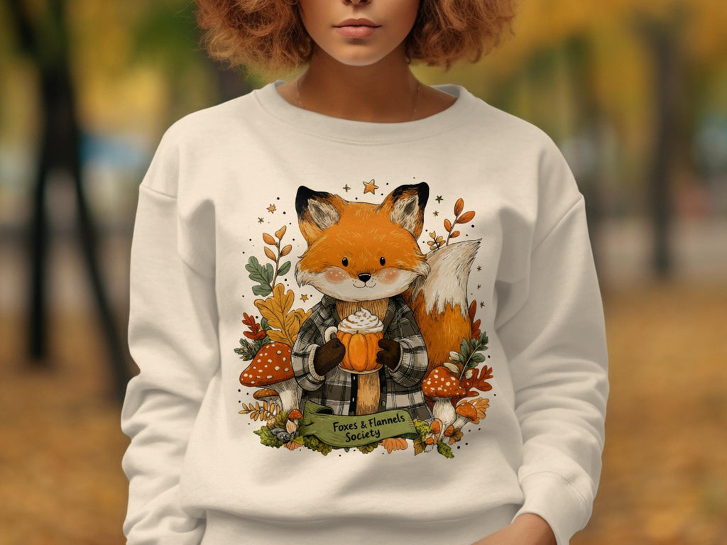 Cute Fox Graphic Sweatshirt, Cozy Autumn Crewneck, Fall Season Clothing, Fox and Flannel Society Print, Woodland Animal Sweater