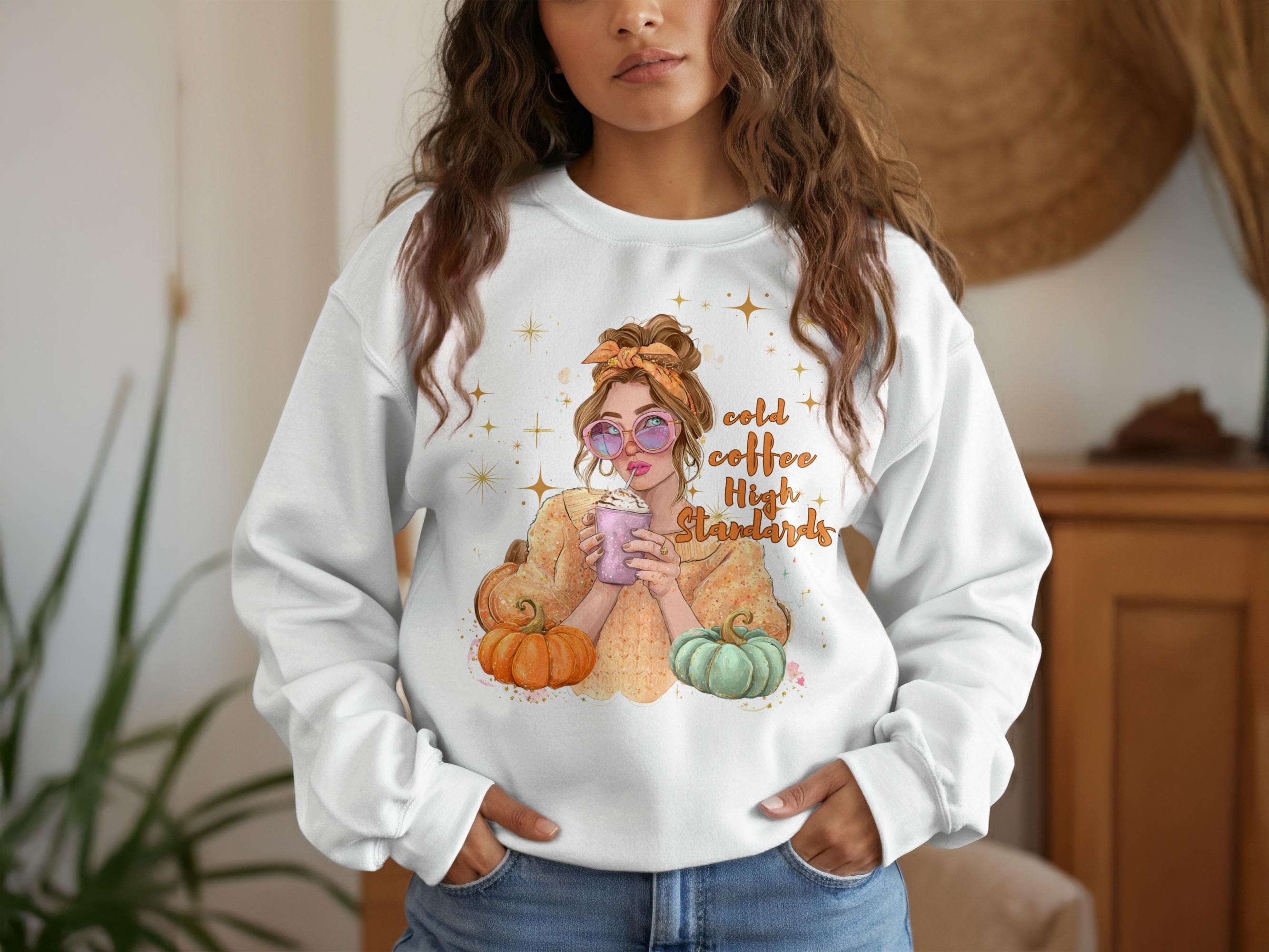 Cute Cozy Fall Sweatshirt, Cold Coffee High Standards, Autumn Pumpkin Sweatshirt, Trendy Fall Outfit, Comfy Crewneck Sweater