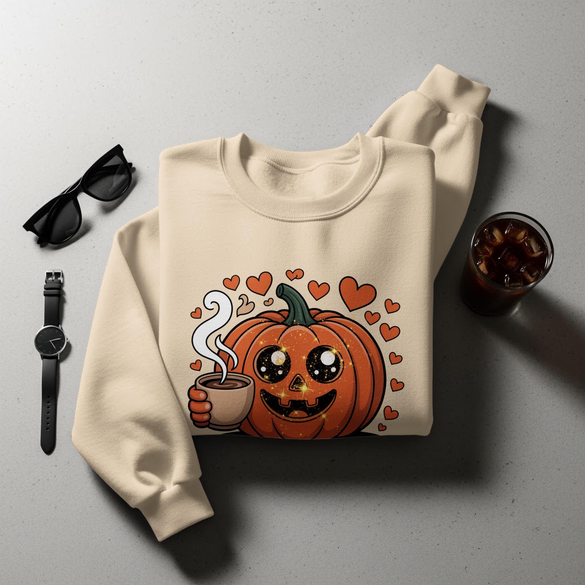 Cozy Pumpkin Sweatshirt, Cute Halloween Coffee Lover Pullover, Autumn Cozy Outfit, Fall Season Casual Sweater, Adorable Pumpkin Design