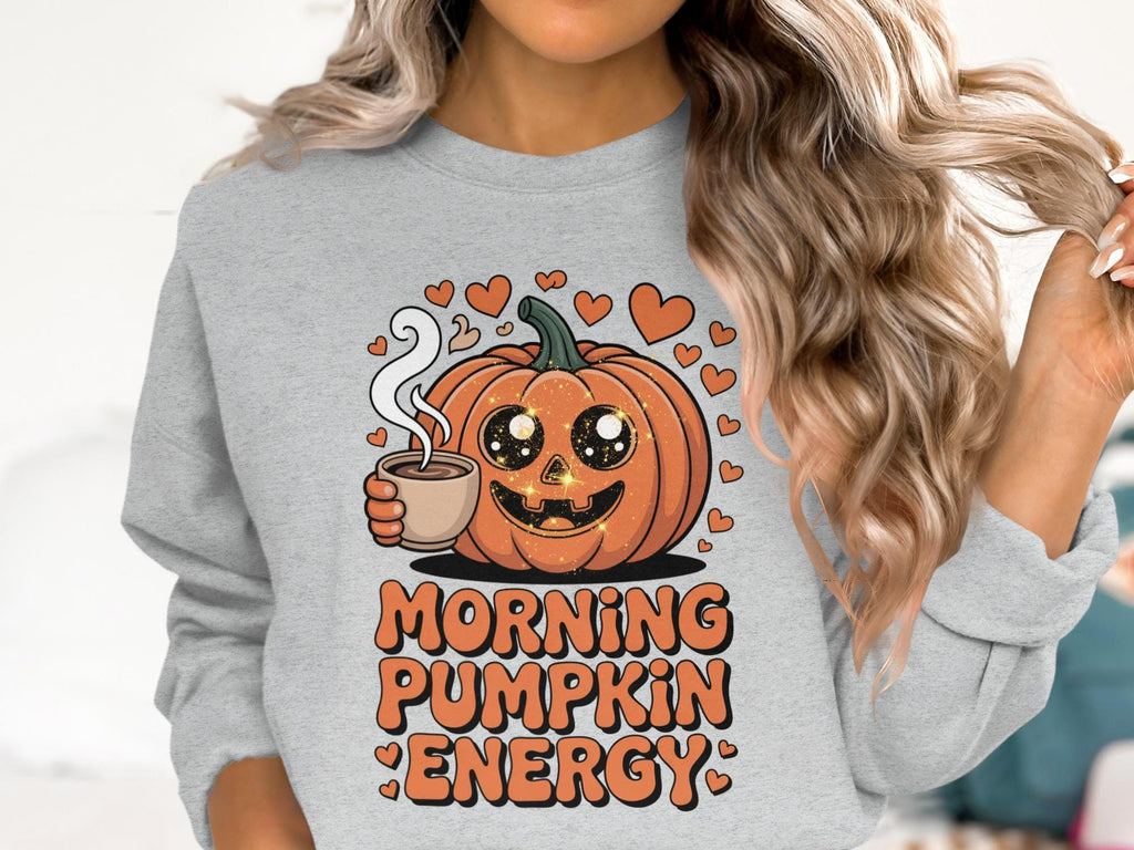 Morning Pumpkin Energy Sweatshirt, Cute Pumpkin Coffee Shirt, Fall Autumn Cozy Apparel, Halloween Themed Clothing, Gift for Coffee Lover