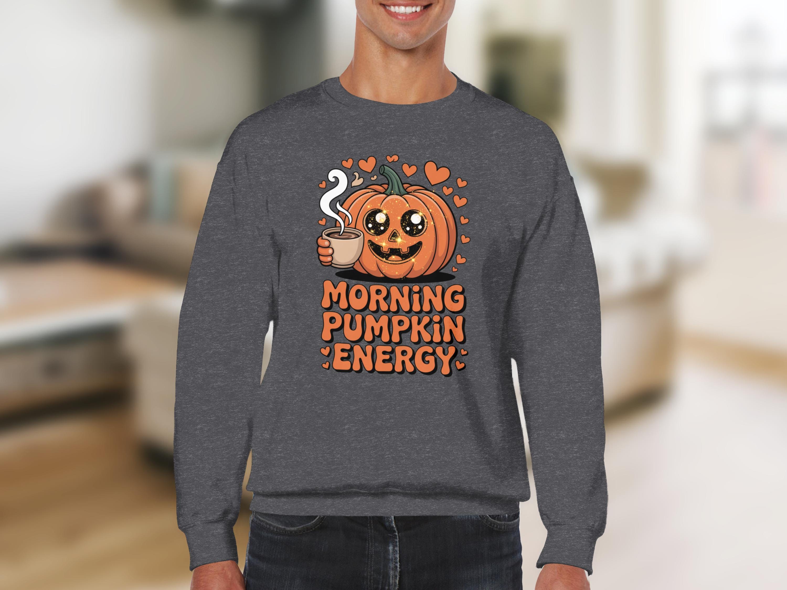 Morning Pumpkin Energy Sweatshirt, Fall Themed Sweater, Cozy Autumn Top, Cute Pumpkin Design, Seasonal Apparel, Coffee Lover&#39;s Gift