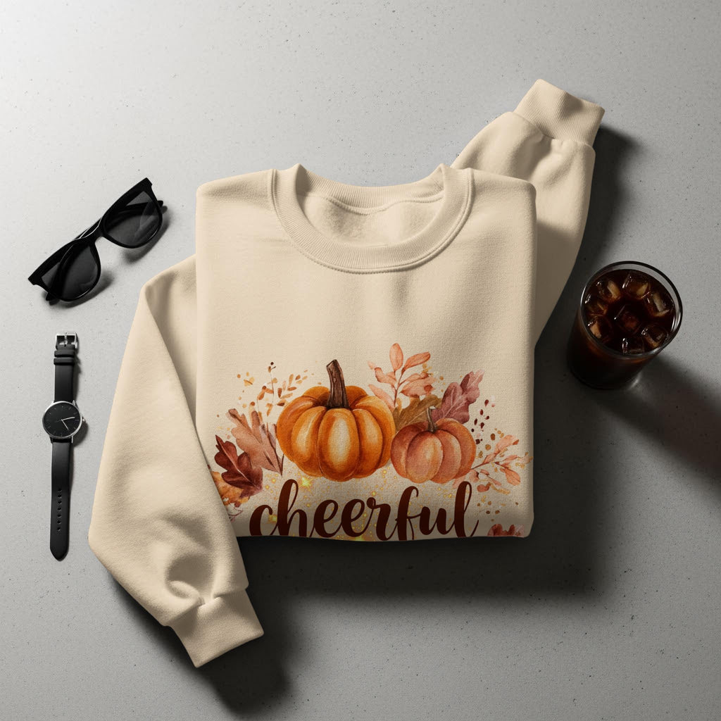 Cheerful Pumpkin Sweatshirt, Fall Season Apparel, Autumn Pumpkin Sweater, Cozy Pumpkin Graphics, Casual Fall Clothing