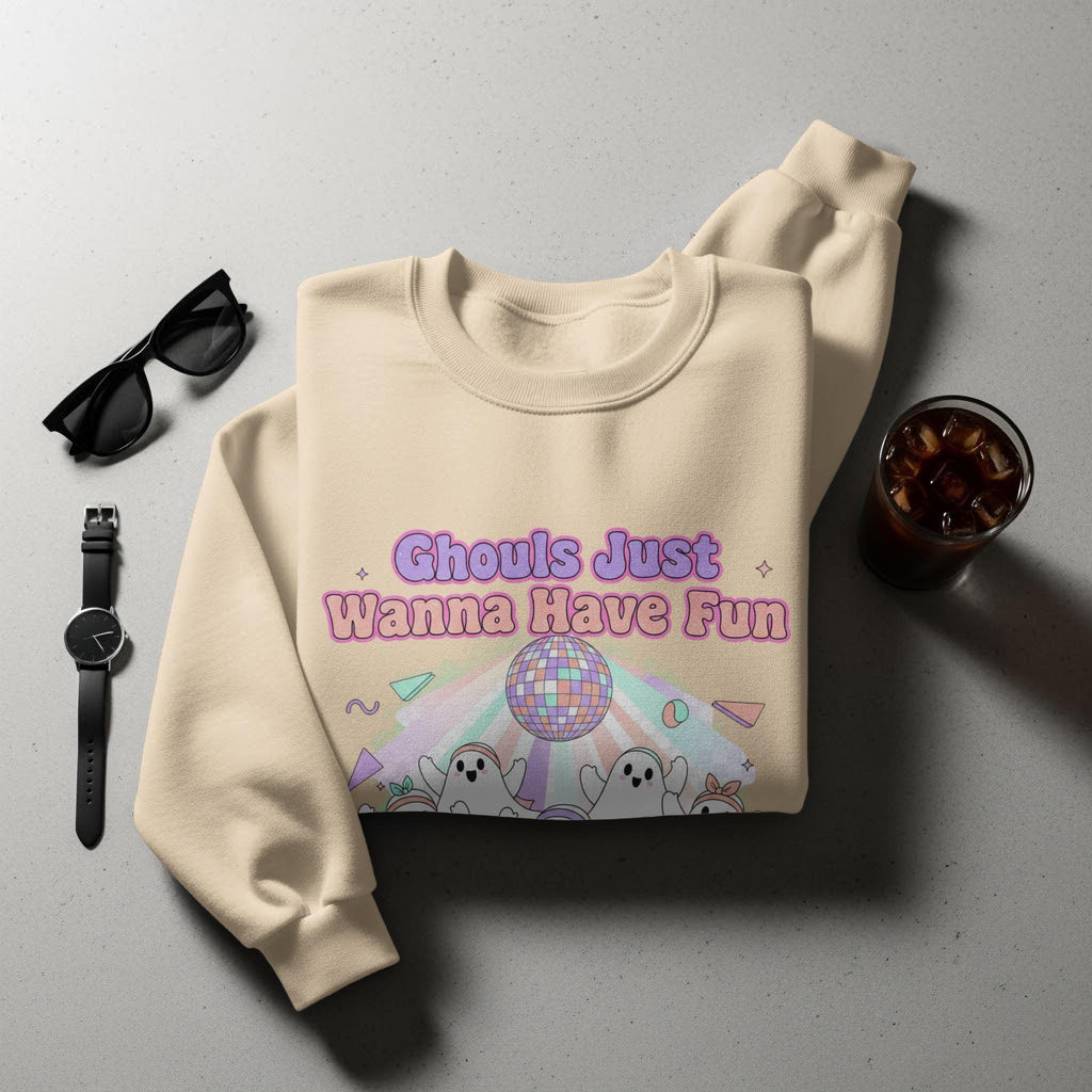 Ghouls Just Wanna Have Fun sweatshirt, Funny ghost sweatshirt, Halloween themed apparel, Cute Halloween pullover, Ghosts and disco ball