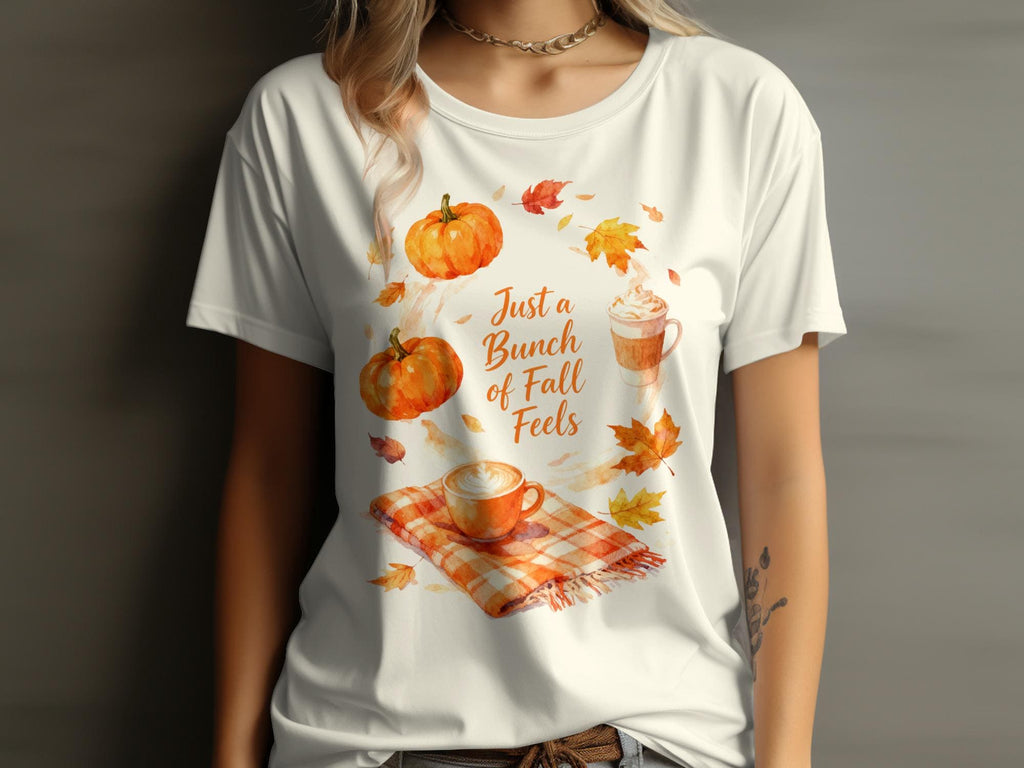 Fall Feels Graphic Tee, Autumn Pumpkin Shirt, Cozy Fall Coffee T-Shirt, Seasonal Harvest Top, Cute Fall Leaves Shirt
