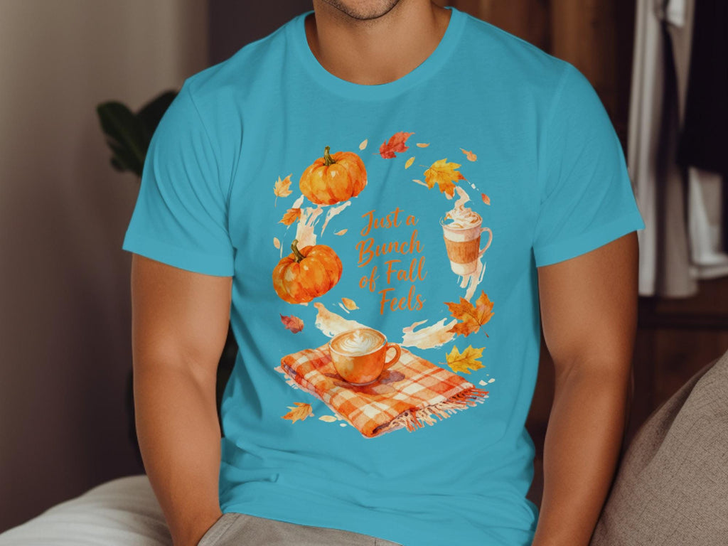 Fall Vibes T-Shirt, Pumpkin Spice Shirt, Cute Autumn Graphic Tee, Cozy Fall Clothing, Seasonal Coffee and Leaves Design, Unisex Shirt