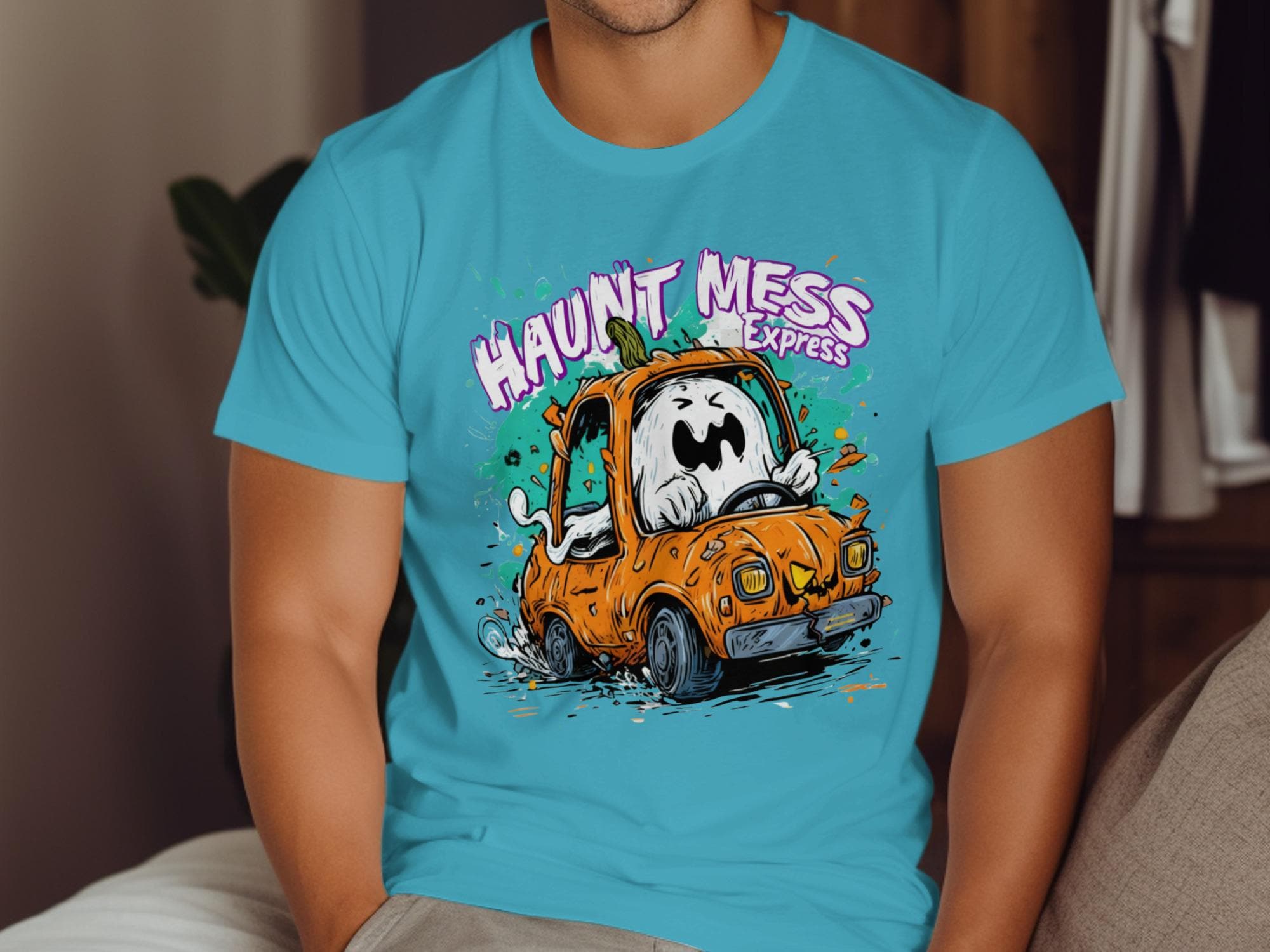 Haunt Mess Express funny Halloween shirt, cute ghost driving car tee, spooky season graphic t-shirt, Halloween costume top