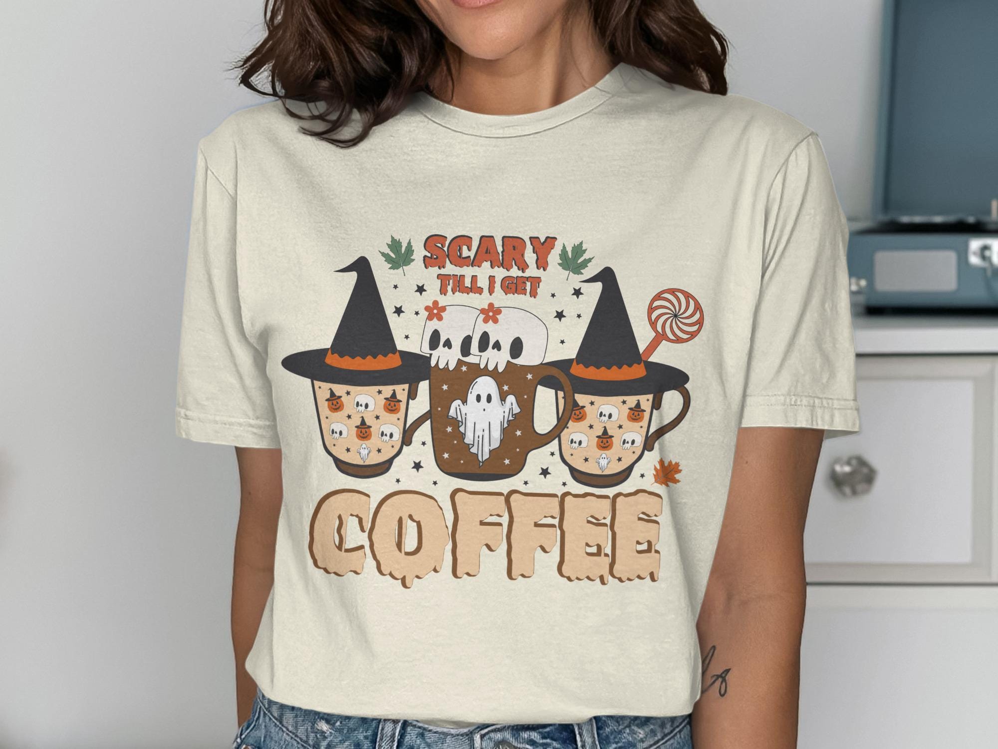 Scary Till I Get Coffee Shirt, Funny Halloween Coffee T-Shirt, Cute Spooky Coffee Lover Tee, Halloween Graphic Tee