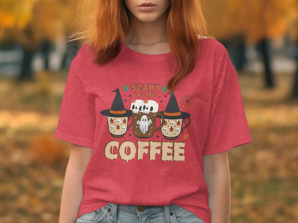 Spooky Coffee Halloween Shirt, Fall Coffee Lovers Tee, Halloween Coffee Cups T-shirt, Cute Ghost Coffee Mug Top