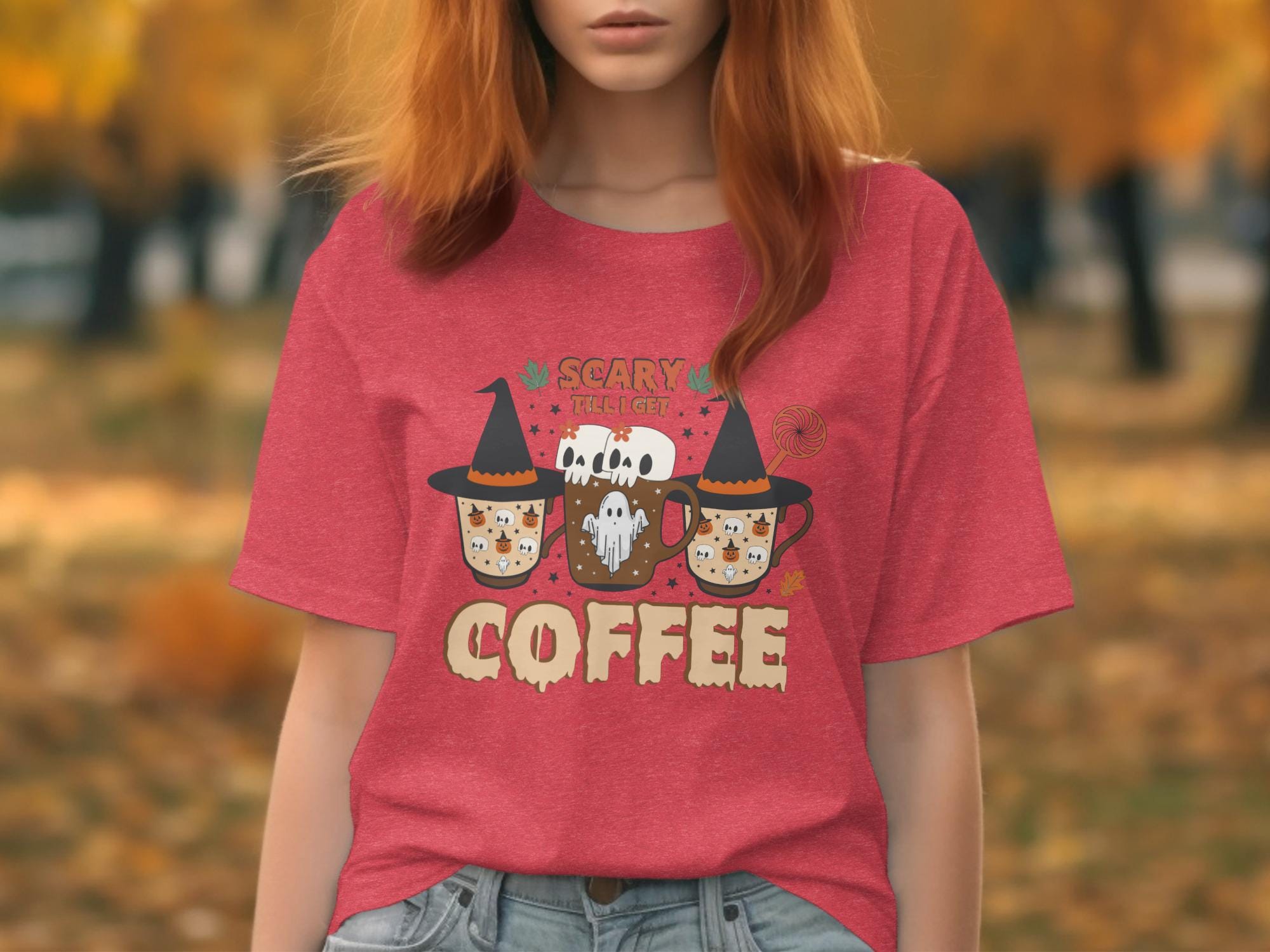 Spooky Coffee Halloween Shirt, Fall Coffee Lovers Tee, Halloween Coffee Cups T-shirt, Cute Ghost Coffee Mug Top
