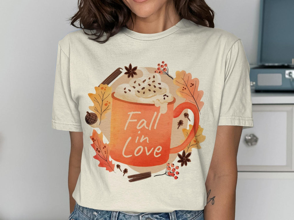 Fall In Love T-Shirt, Autumn Seasonal Clothing, Cozy Fall Shirt, Cute Pumpkin Spice Tee, Women&#39;s Fall Fashion, Autumn Aesthetic Top