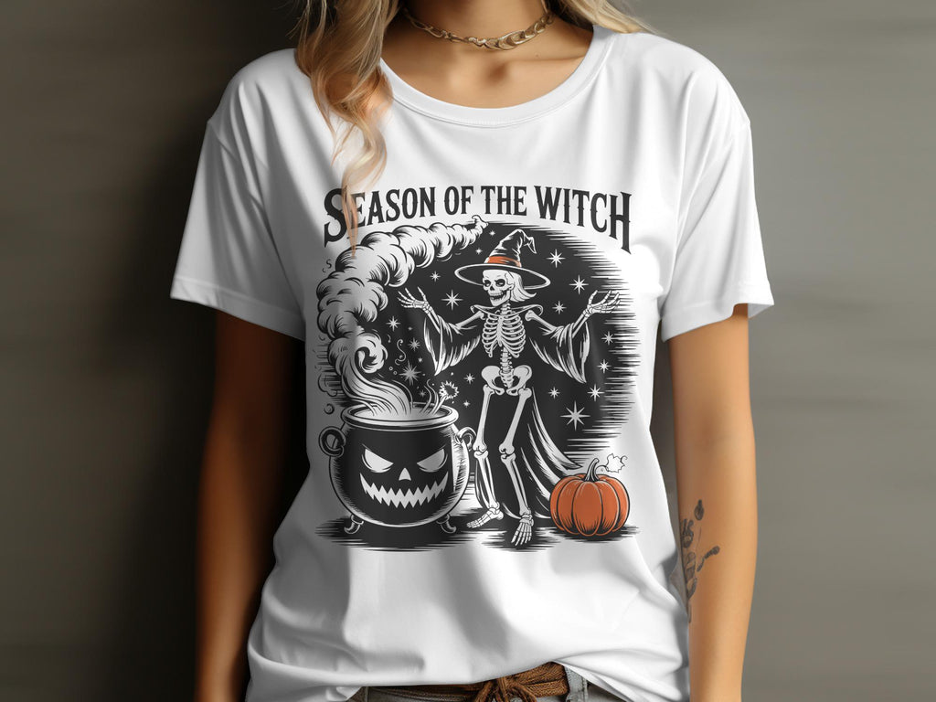 Season of the Witch Graphic Tee, Halloween Skeleton Witch T Shirt, Spooky Pumpkin Cauldron Shirt, Creepy Halloween Costume Shirt