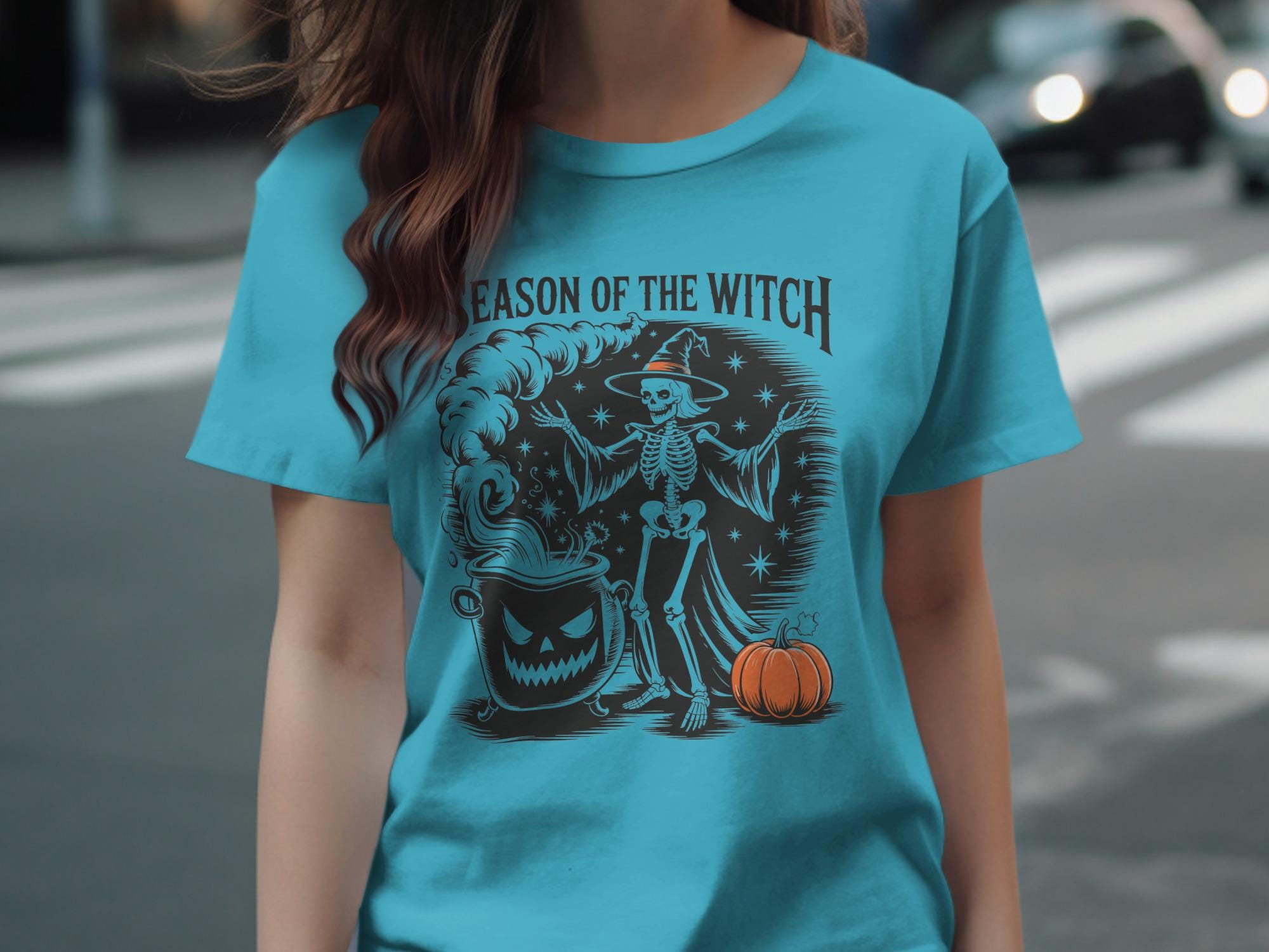 Season of the Witch Graphic Tee, Halloween Skeleton Shirt, Spooky T-Shirt, Witchy Apparel, Halloween Pumpkin Graphic, Casual Halloween Top