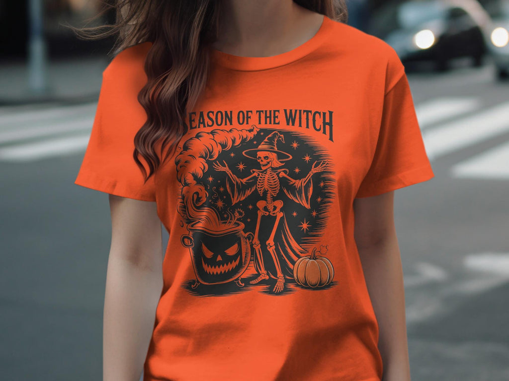 Season of the Witch Skeleton Halloween T-Shirt, Spooky Pumpkin Witch Artwork, Women&#39;s Halloween Graphic Tee, Halloween Party Shirt