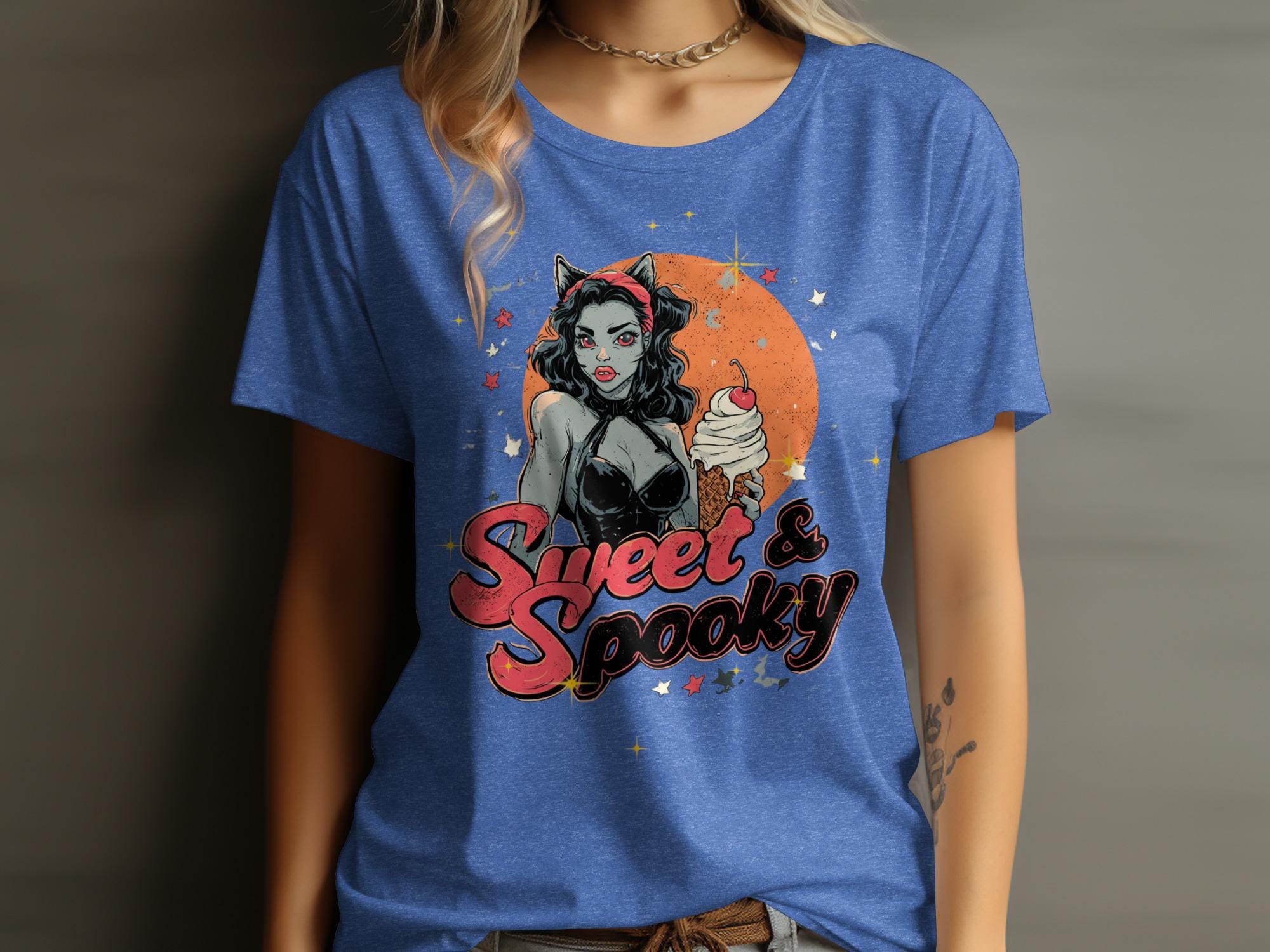 Sweet and Spooky T-Shirt, Halloween Graphic Tee, Cute Spooky Shirt, Cat Ears Zombie Shirt, Unique Halloween Outfit, Women’s Halloween Top